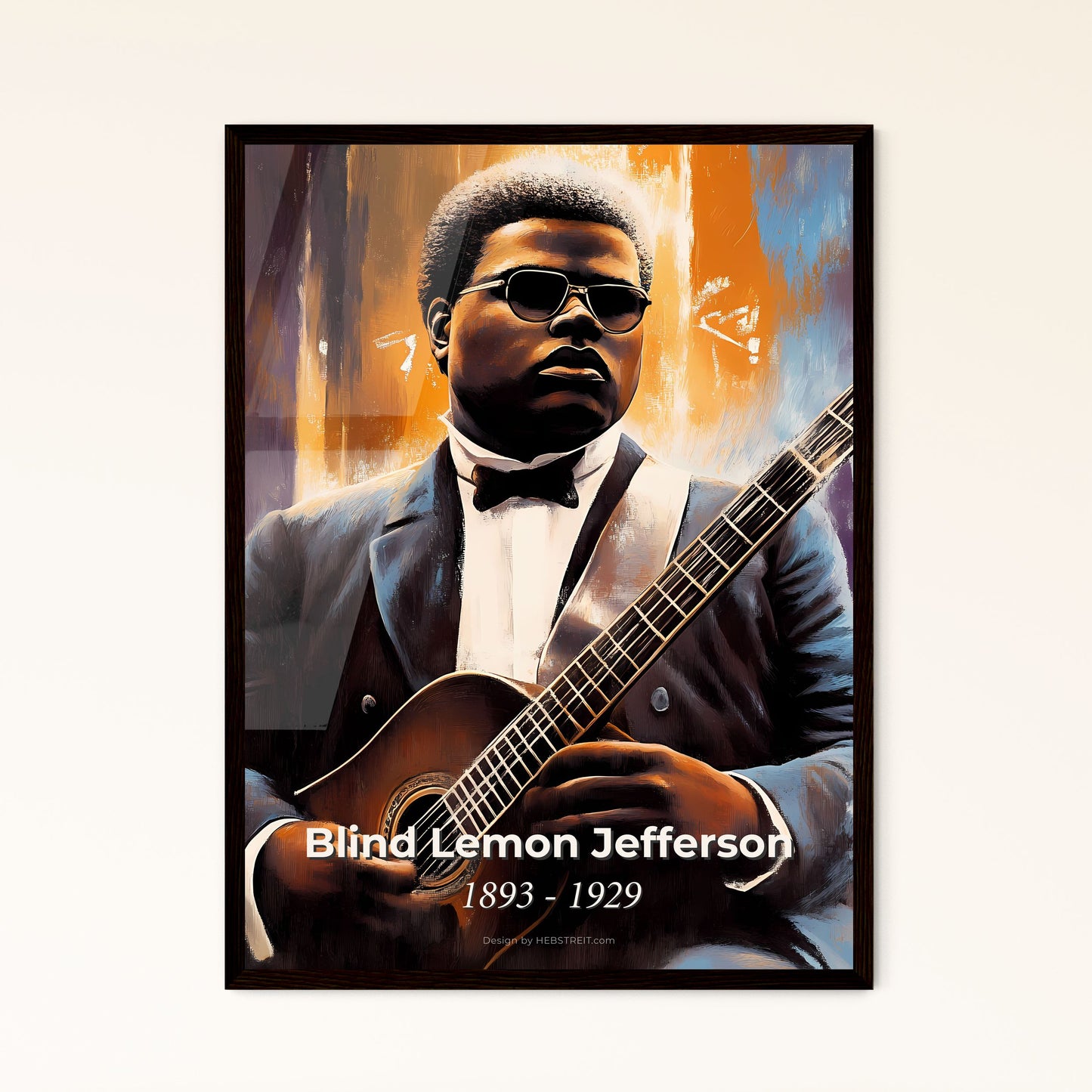 Portrait of Blind Lemon Jefferson, 1893 - 1929. Impressionistic painting of a man in a suit playing a guitar.