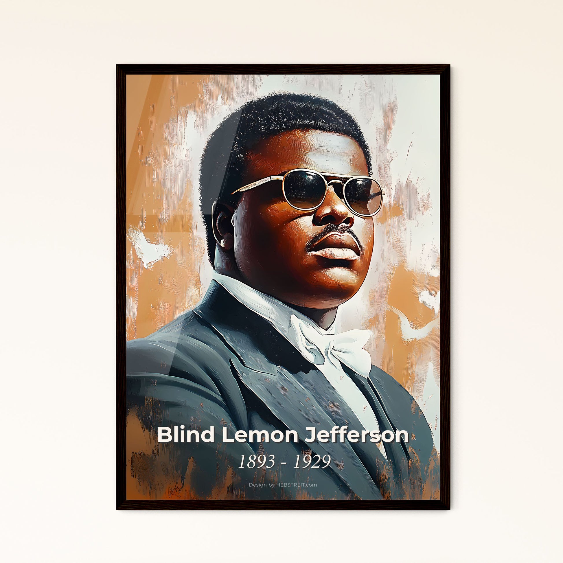 Portrait of Blind Lemon Jefferson, 1893 - 1929. Impressionistic painting of a man wearing sunglasses and a suit.