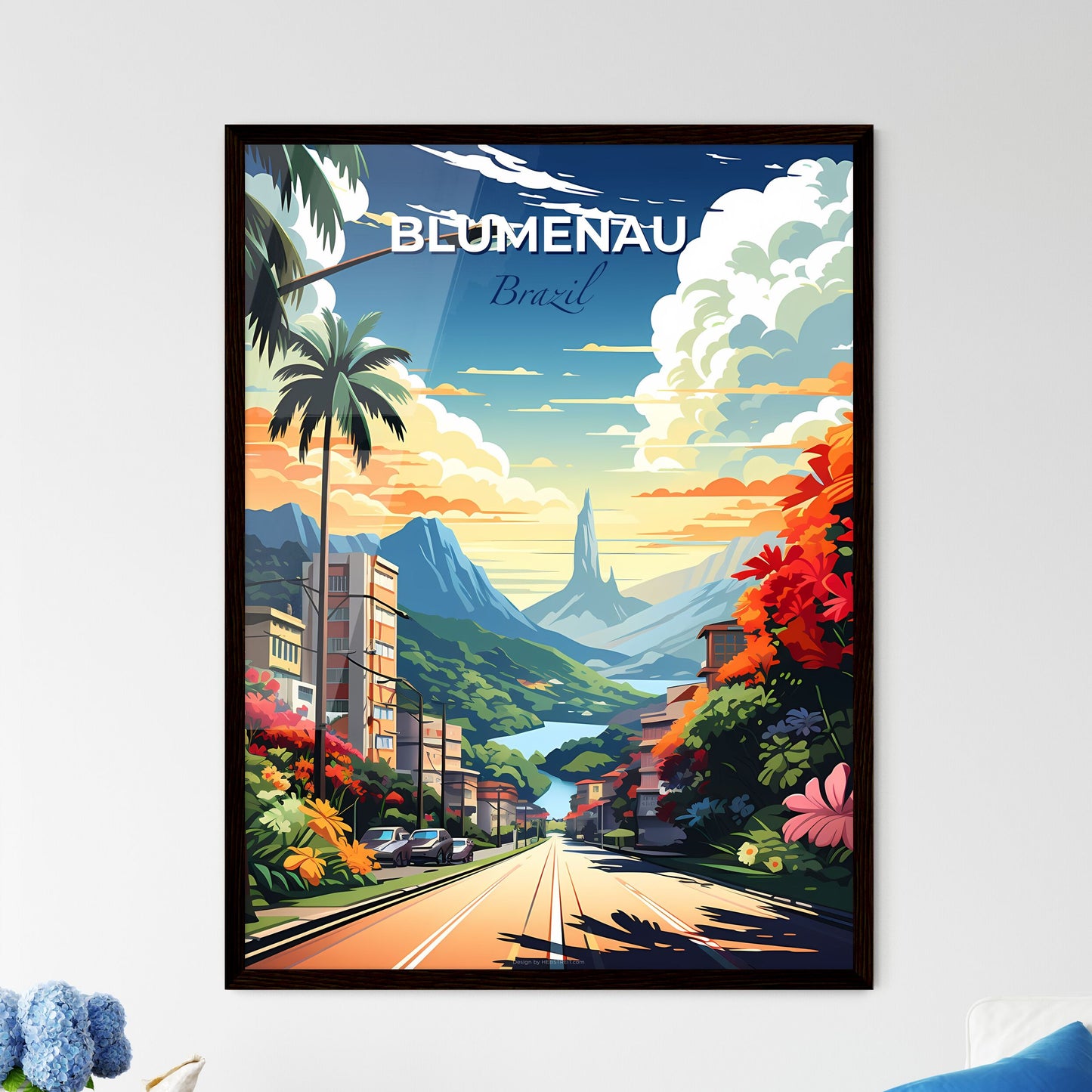 Vibrant Blumenau Brazil Skyline Painting Depicting a Road Amidst Trees and Mountains Default Title