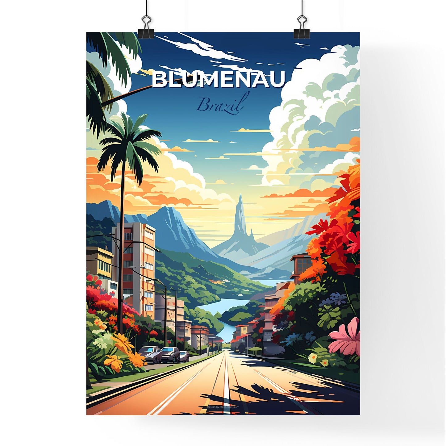 Vibrant Blumenau Brazil Skyline Painting Depicting a Road Amidst Trees and Mountains Default Title