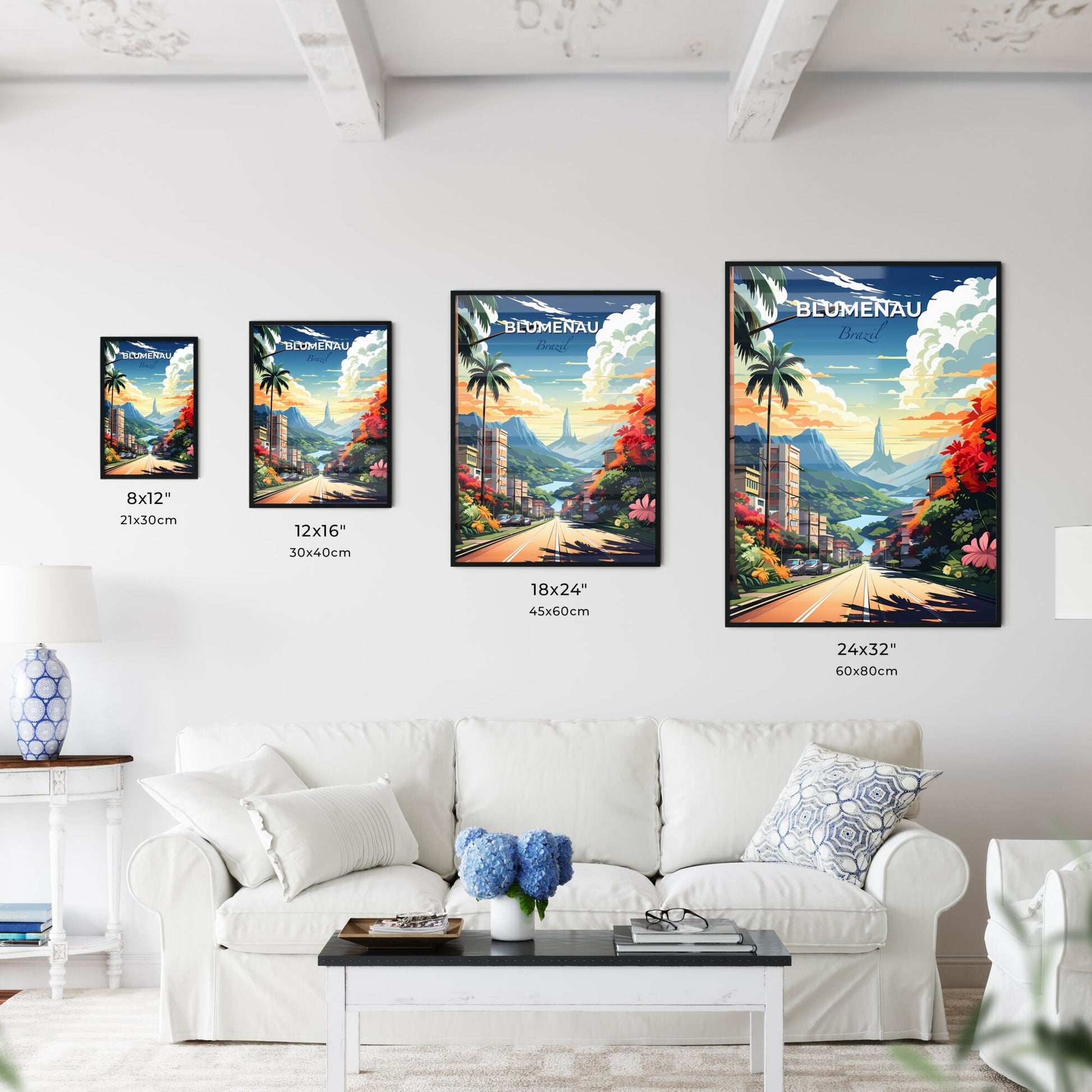 Vibrant Blumenau Brazil Skyline Painting Depicting a Road Amidst Trees and Mountains Default Title