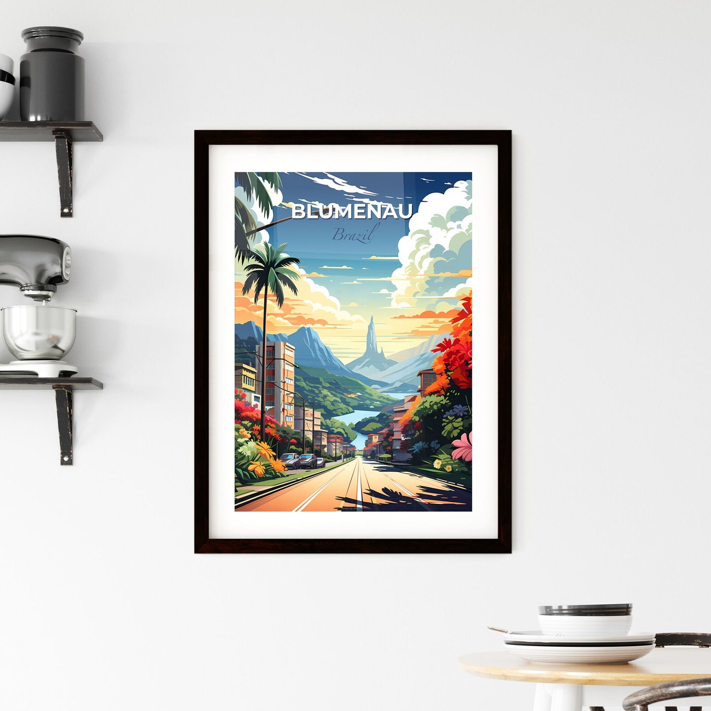 Vibrant Blumenau Brazil Skyline Painting Depicting a Road Amidst Trees and Mountains Default Title