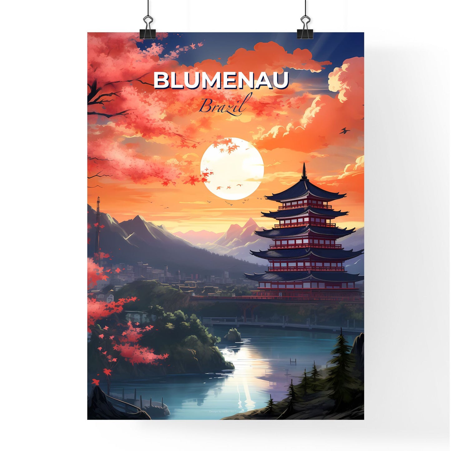 Blumenau Skyline Poster Painting Style Flower Pagod Pagoda Building River Art Brazil Default Title