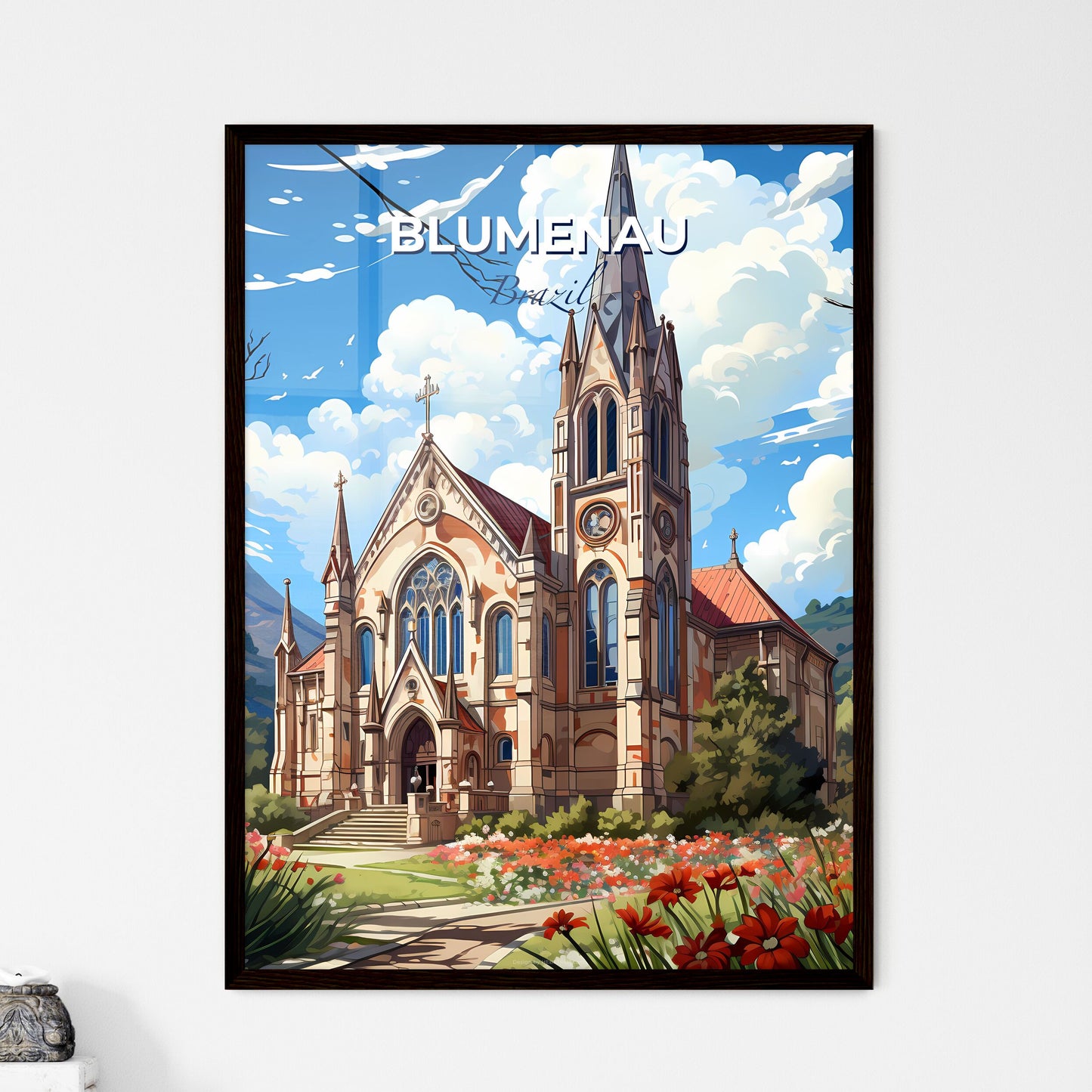 Vibrant Artistic Painting Featuring Blumenau Brazil Skyline with Church and Flower Field Default Title