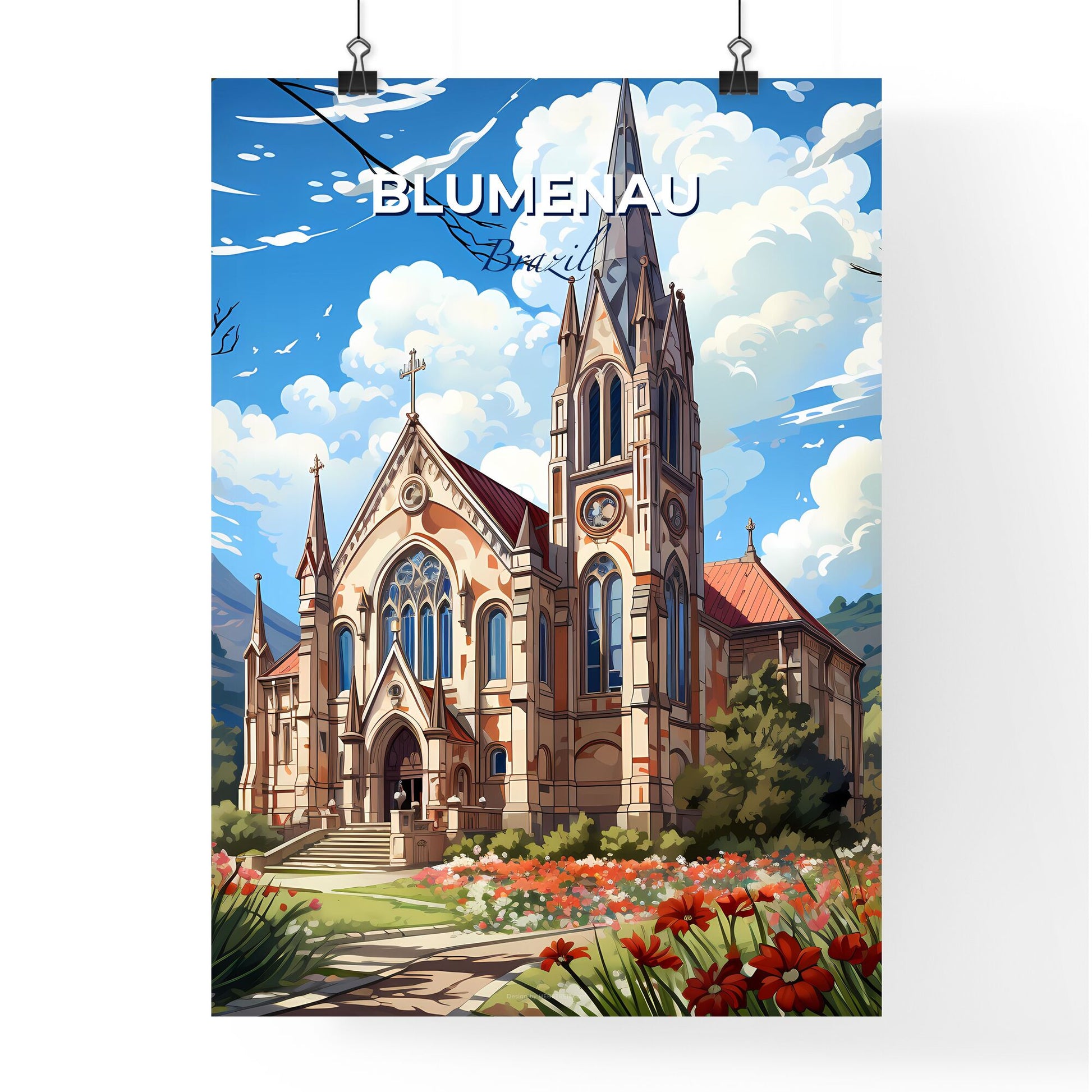 Vibrant Artistic Painting Featuring Blumenau Brazil Skyline with Church and Flower Field Default Title