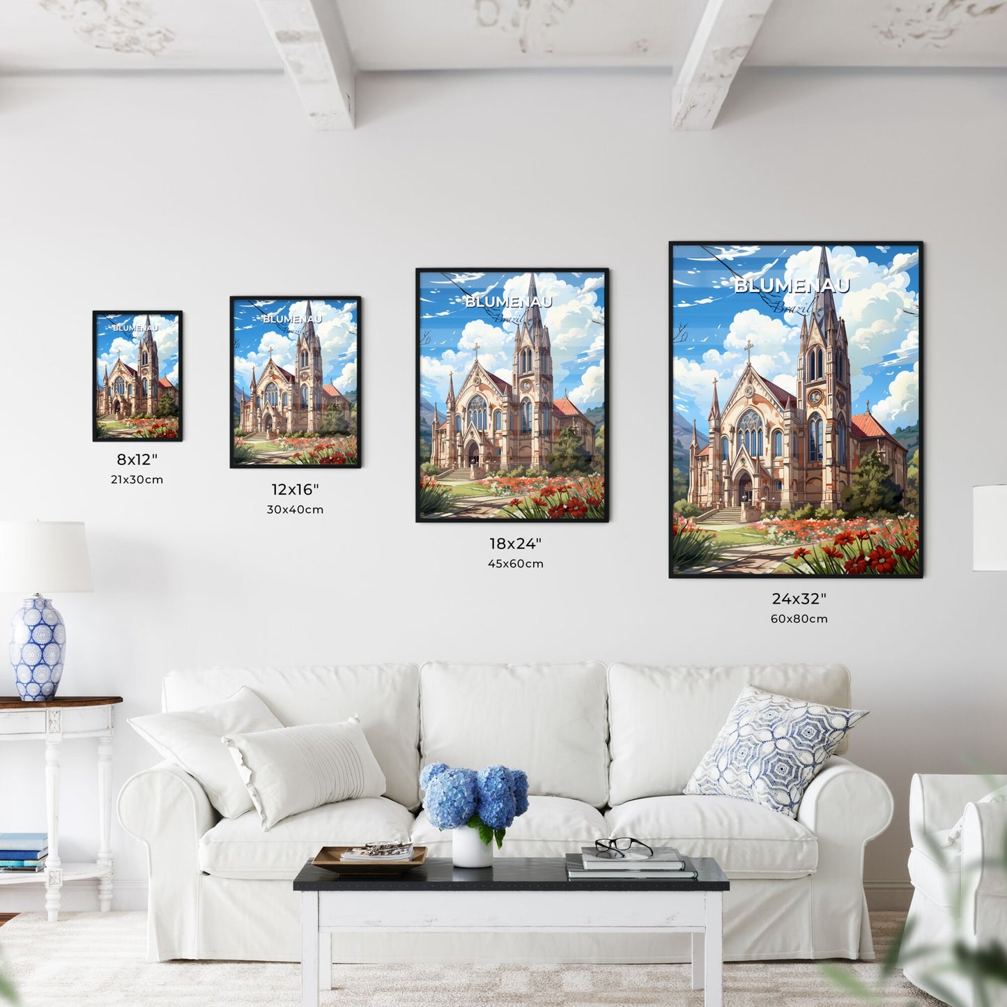 Vibrant Artistic Painting Featuring Blumenau Brazil Skyline with Church and Flower Field Default Title