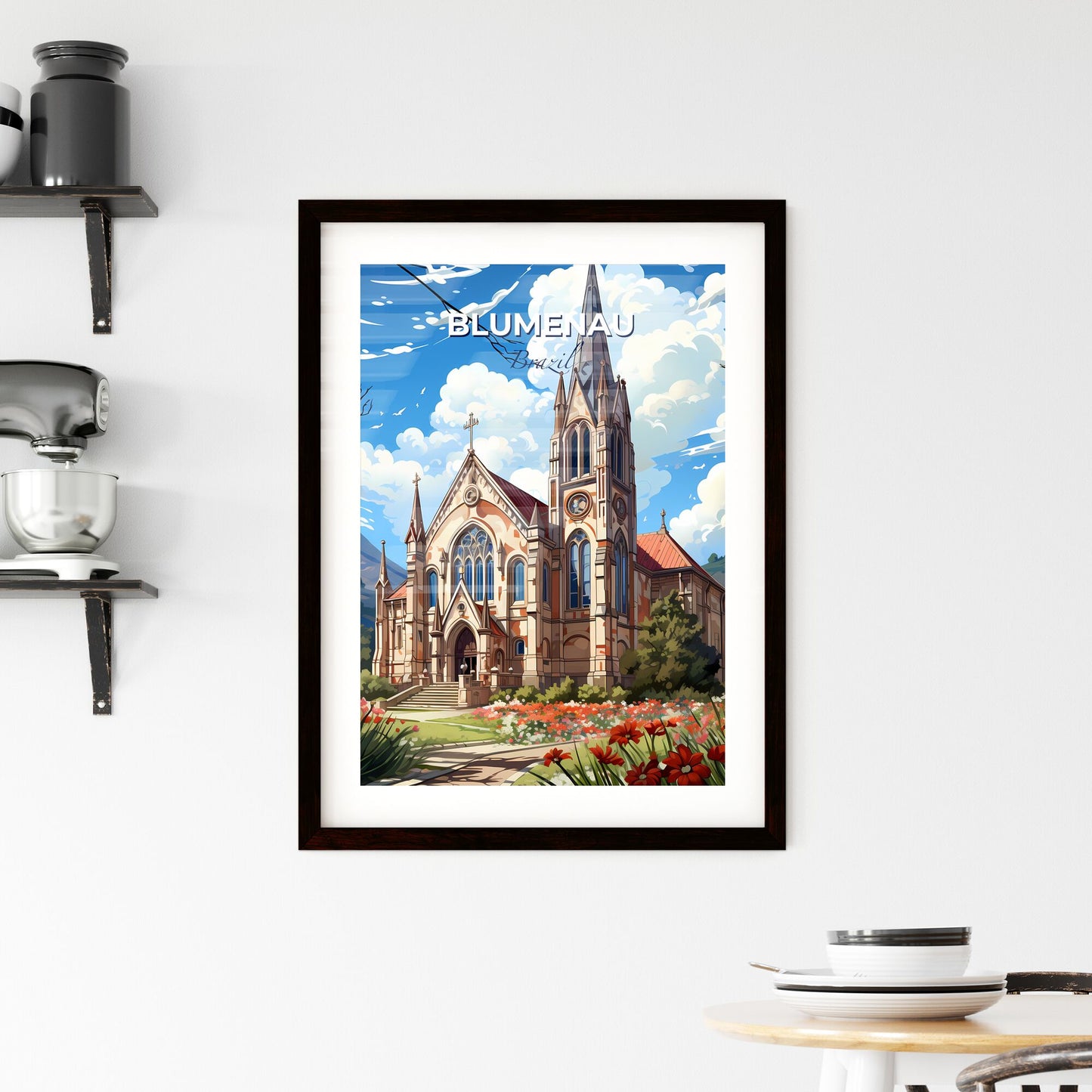 Vibrant Artistic Painting Featuring Blumenau Brazil Skyline with Church and Flower Field Default Title