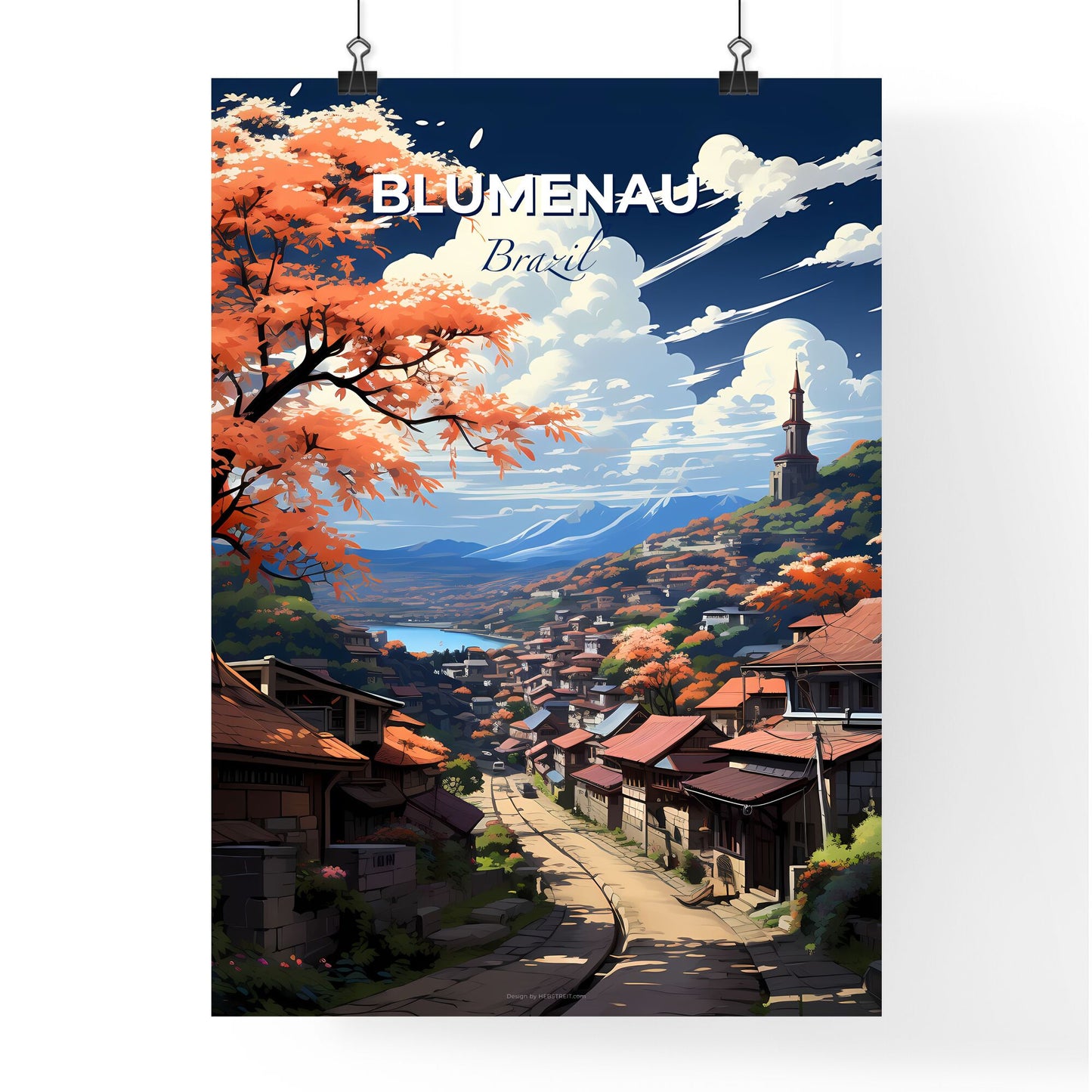 Colorful Artistic Skyline Painting of Blumenau Brazil, a Town with Orange Trees and River Default Title