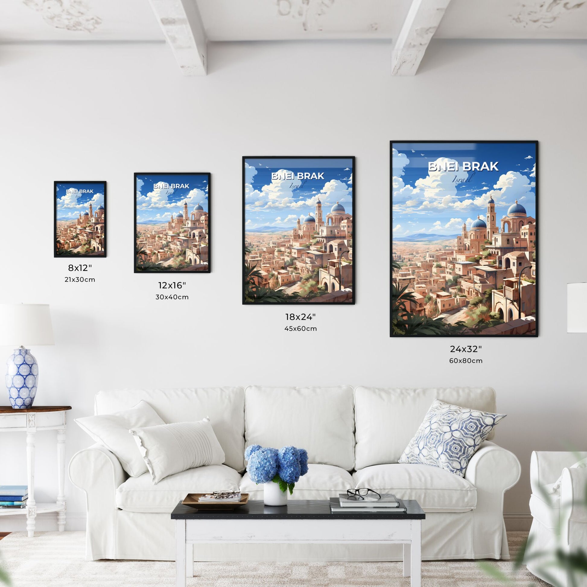 Vibrant Painting of Bnei Brak Skyline with Buildings, Palm Trees and Mediterranean Art Motif Default Title