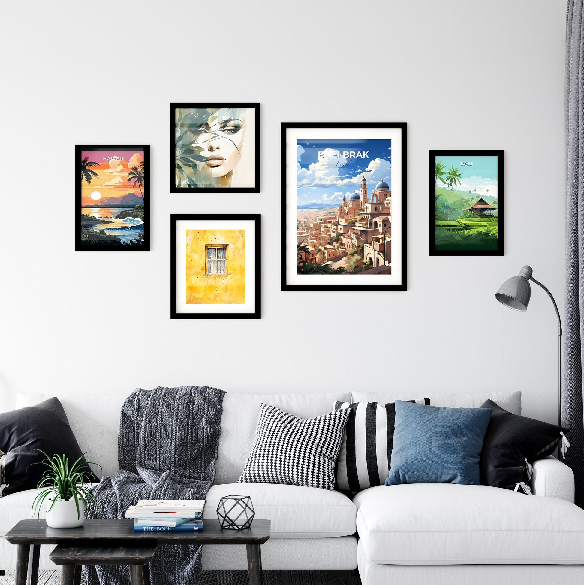 Vibrant Painting of Bnei Brak Skyline with Buildings, Palm Trees and Mediterranean Art Motif Default Title