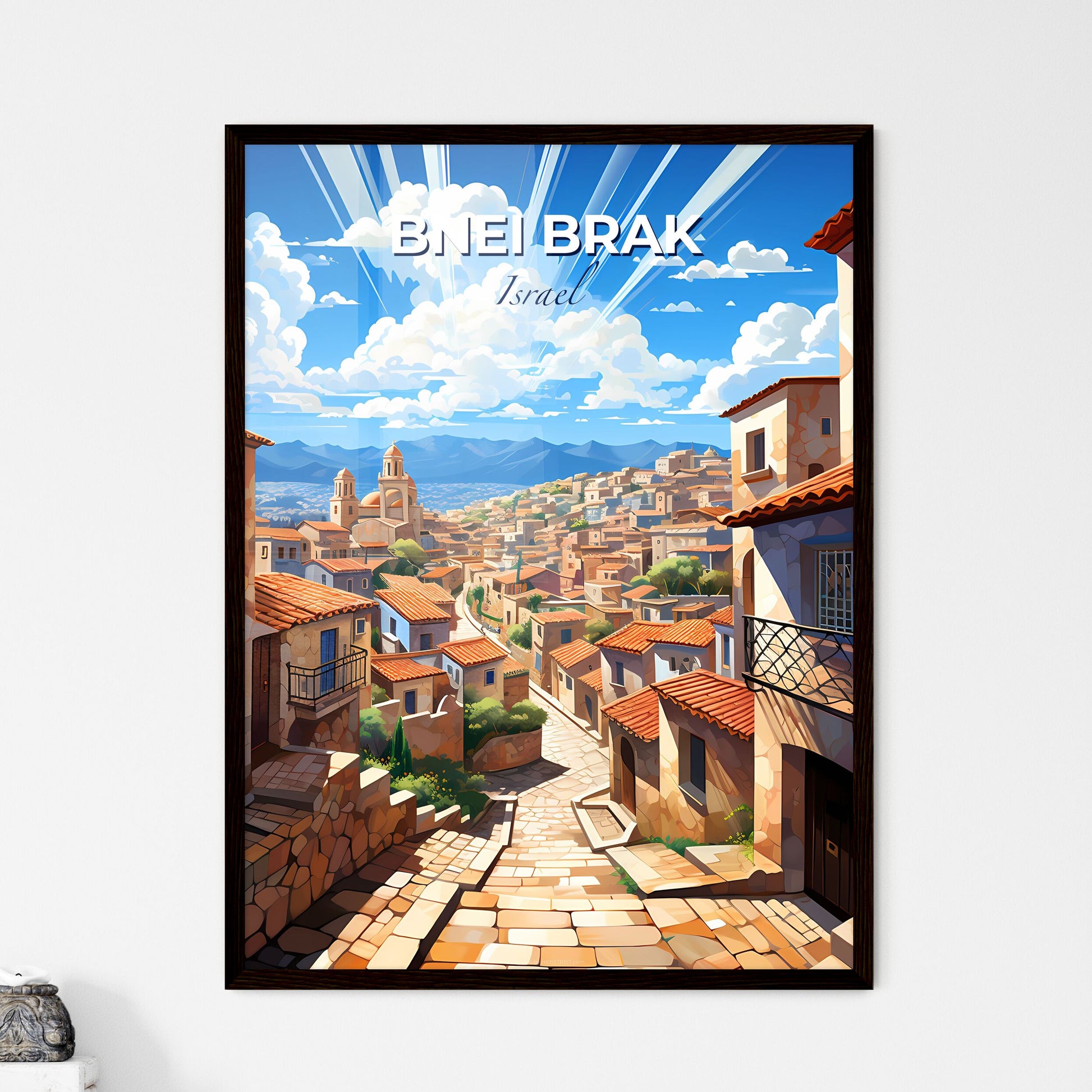 Colorful City Artwork: Bnei Brak Israel Skyline with Architectural Landmarks and Vivid Street Scene Default Title