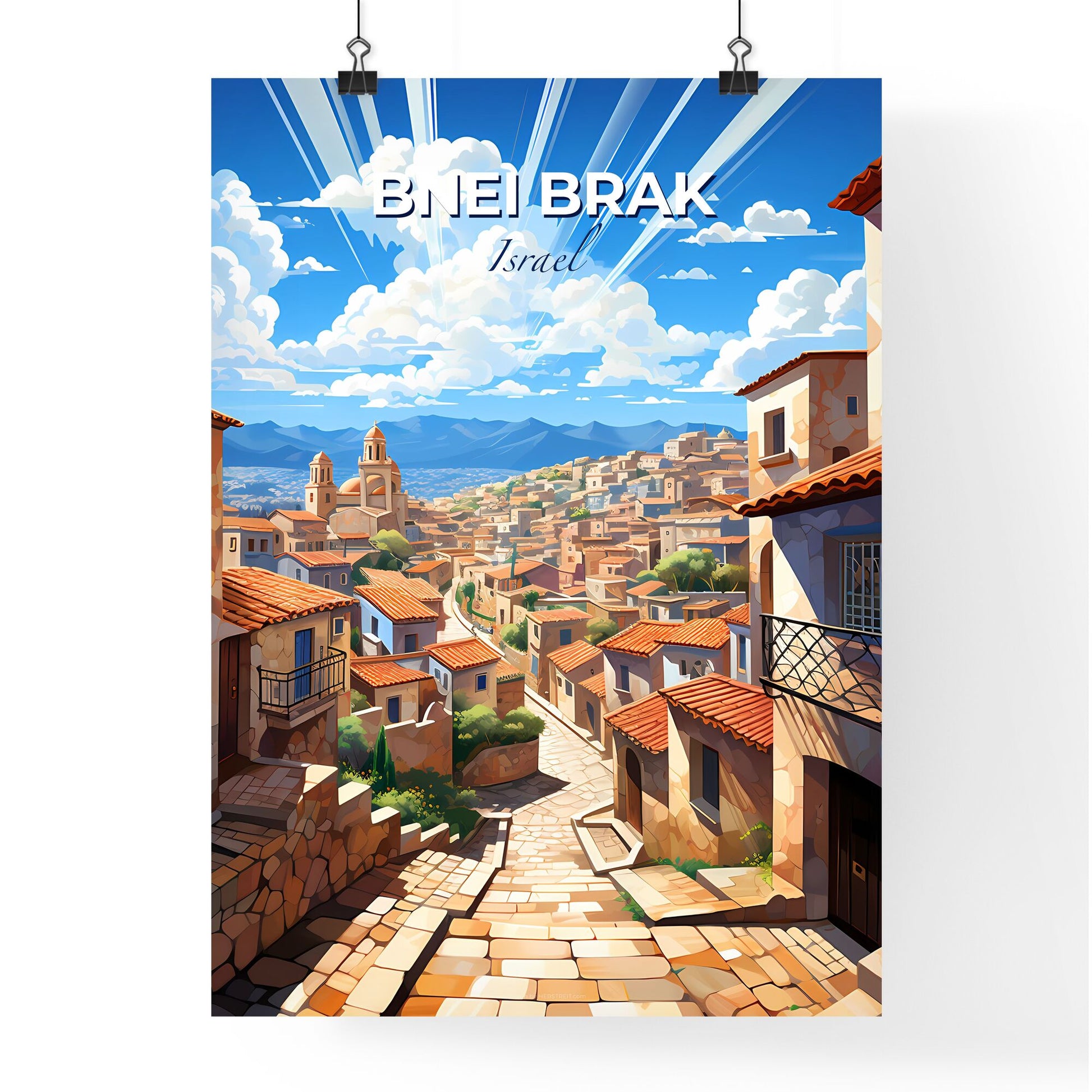 Colorful City Artwork: Bnei Brak Israel Skyline with Architectural Landmarks and Vivid Street Scene Default Title