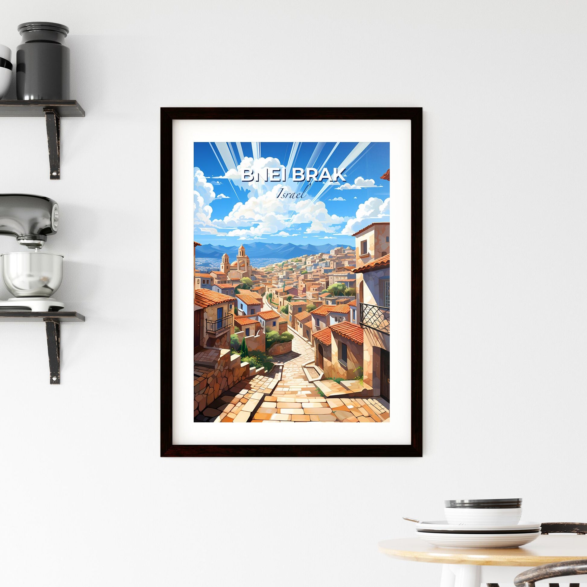 Colorful City Artwork: Bnei Brak Israel Skyline with Architectural Landmarks and Vivid Street Scene Default Title