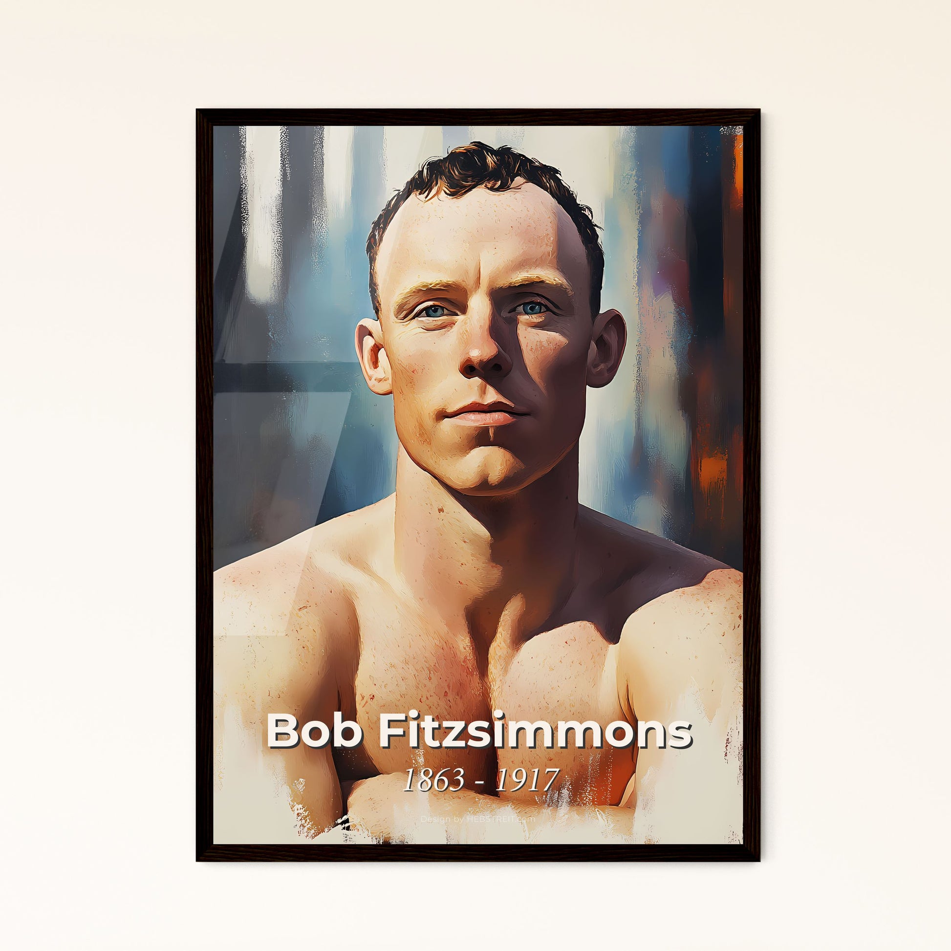 Portrait of Bob Fitzsimmons, 1863 - 1917. Impressionistic painting of a man with no shirt.