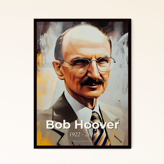 Portrait of Bob Hoover, 1922 - 2016. Impressionistic painting of a man with a mustache wearing glasses and a suit.