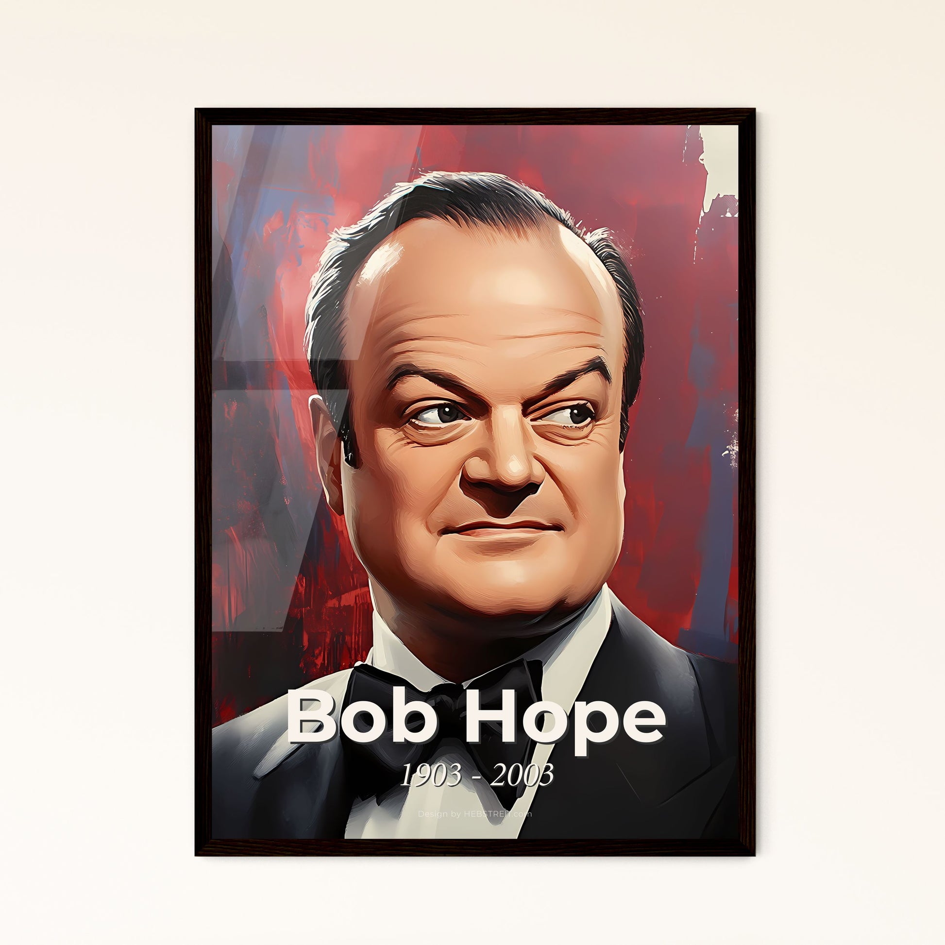 Portrait of Bob Hope, 1903 - 2003. Impressionistic painting of a man in a tuxedo.