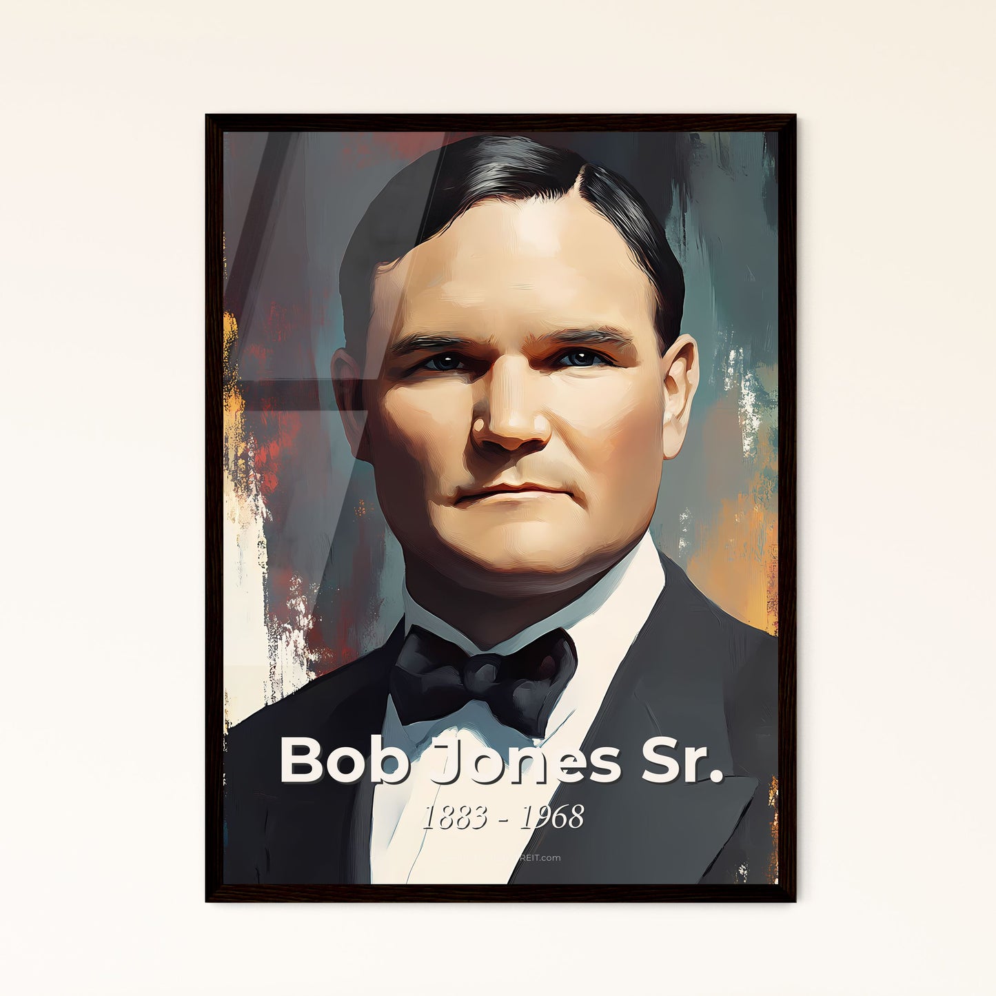 Portrait of Bob Jones Sr., 1883 - 1968. Impressionistic painting of a man in a suit.