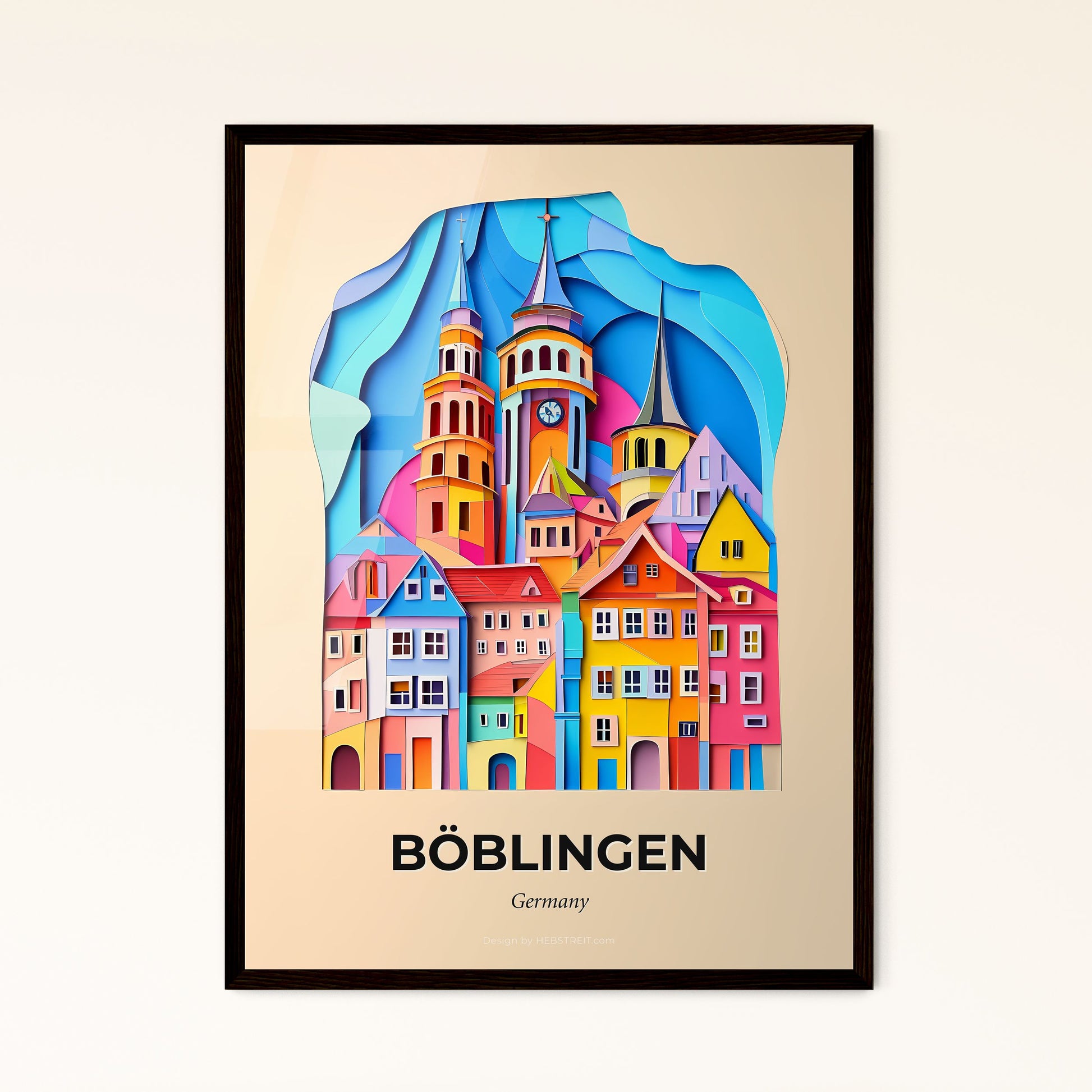 Vivid Boblingen, Germany - a painting of a city with a clock tower