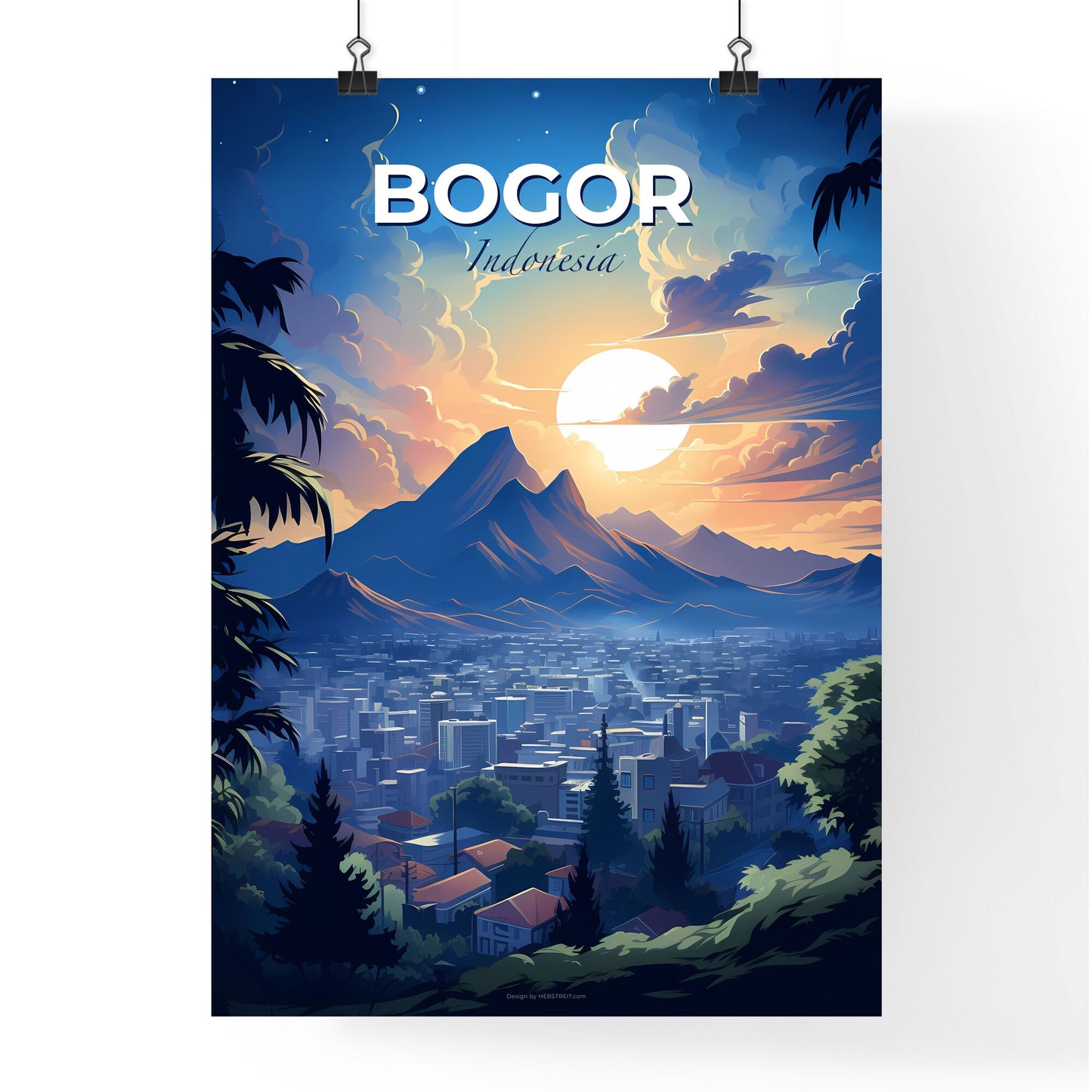 Vibrant Painting of Bogor Indonesia Skyline with Mountains and Trees Landscape Default Title