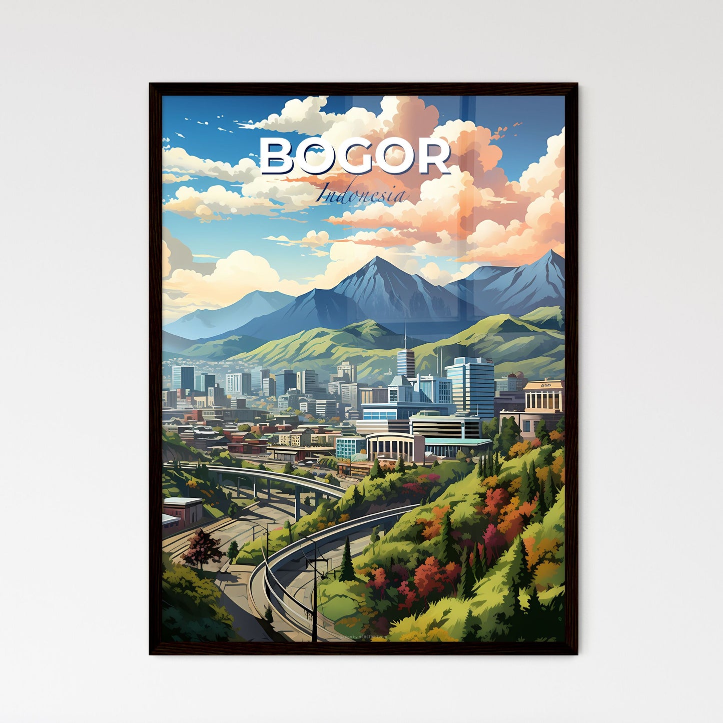 Bogor Indonesia Skyline Art Print - Vibrant Cityscape Painting with Mountains and Trees Default Title