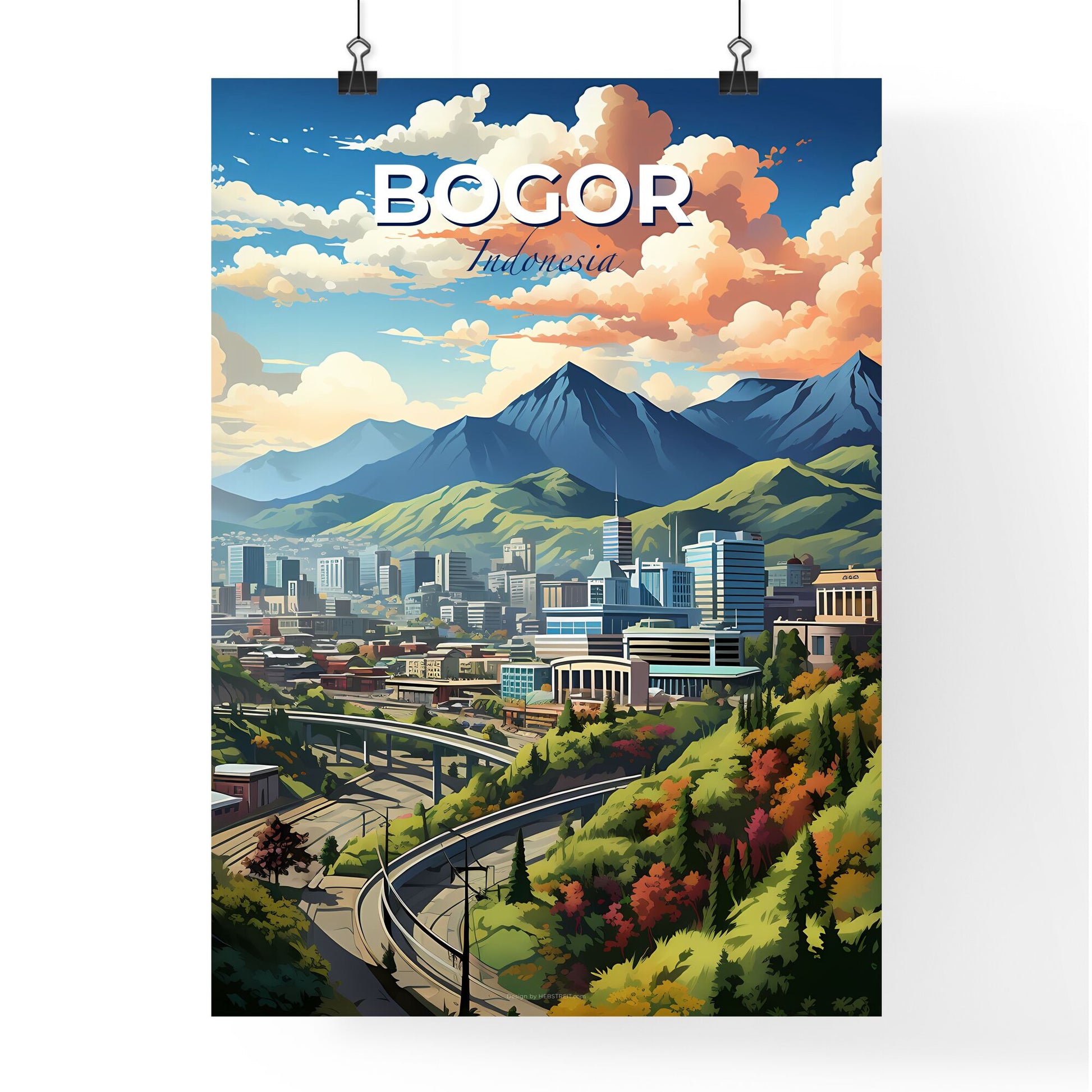 Bogor Indonesia Skyline Art Print - Vibrant Cityscape Painting with Mountains and Trees Default Title