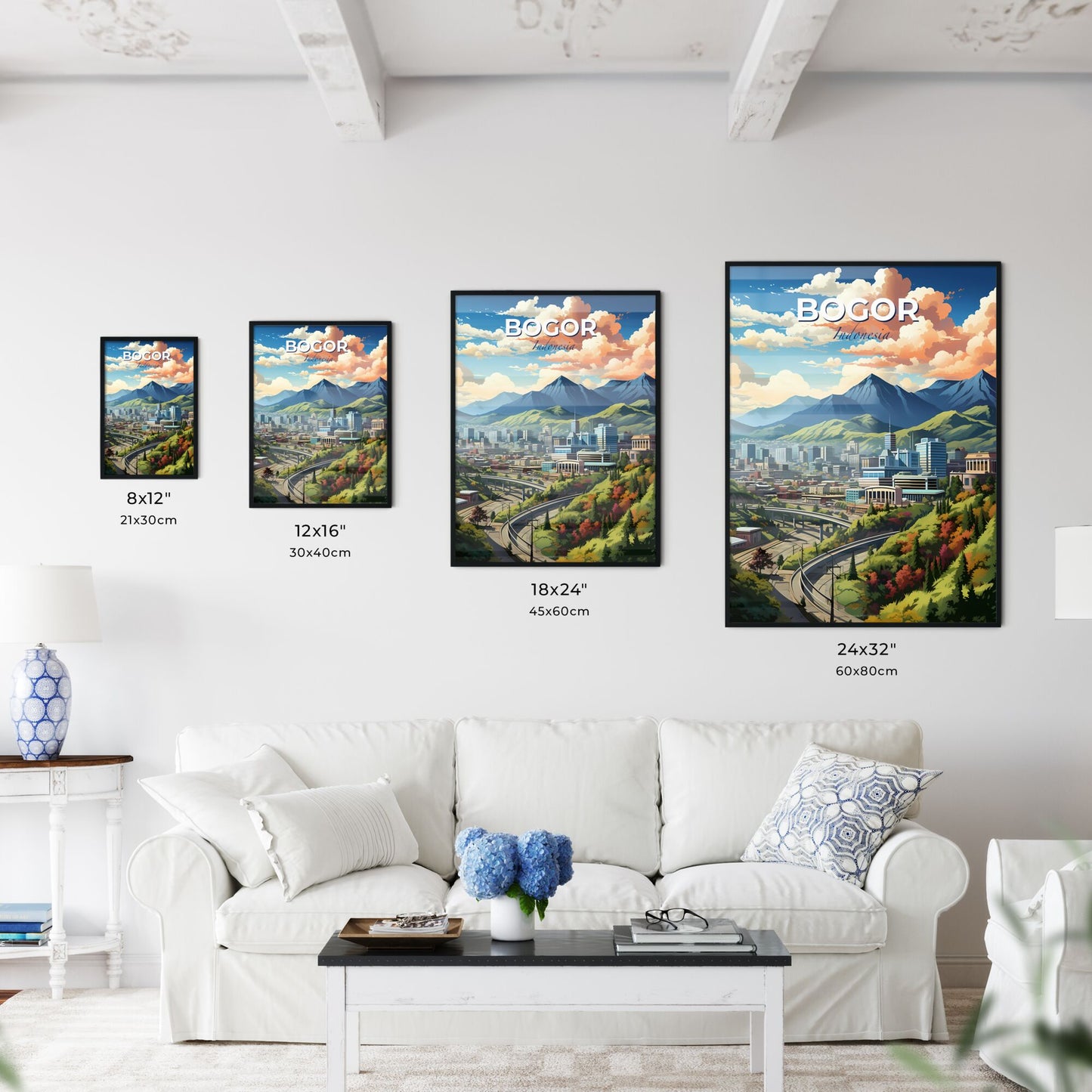 Bogor Indonesia Skyline Art Print - Vibrant Cityscape Painting with Mountains and Trees Default Title