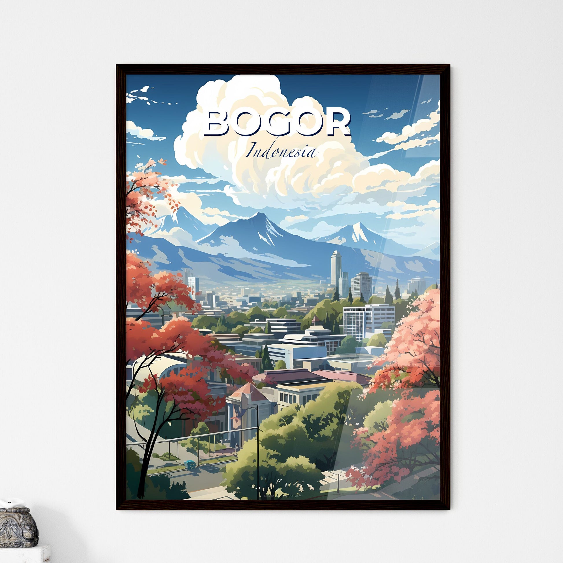 Vibrant Cityscape Artwork Depicting Bogor Skyline, Indonesia with Mountains and Trees Default Title