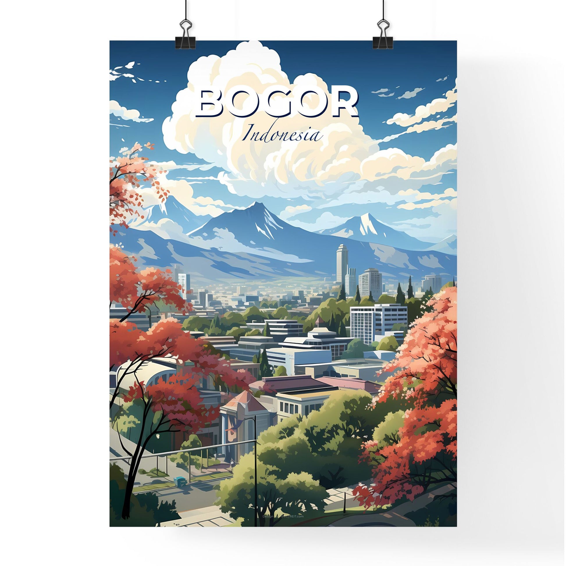 Vibrant Cityscape Artwork Depicting Bogor Skyline, Indonesia with Mountains and Trees Default Title