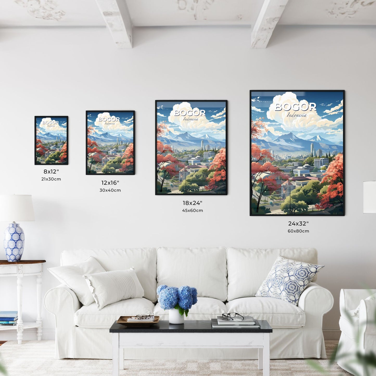 Vibrant Cityscape Artwork Depicting Bogor Skyline, Indonesia with Mountains and Trees Default Title