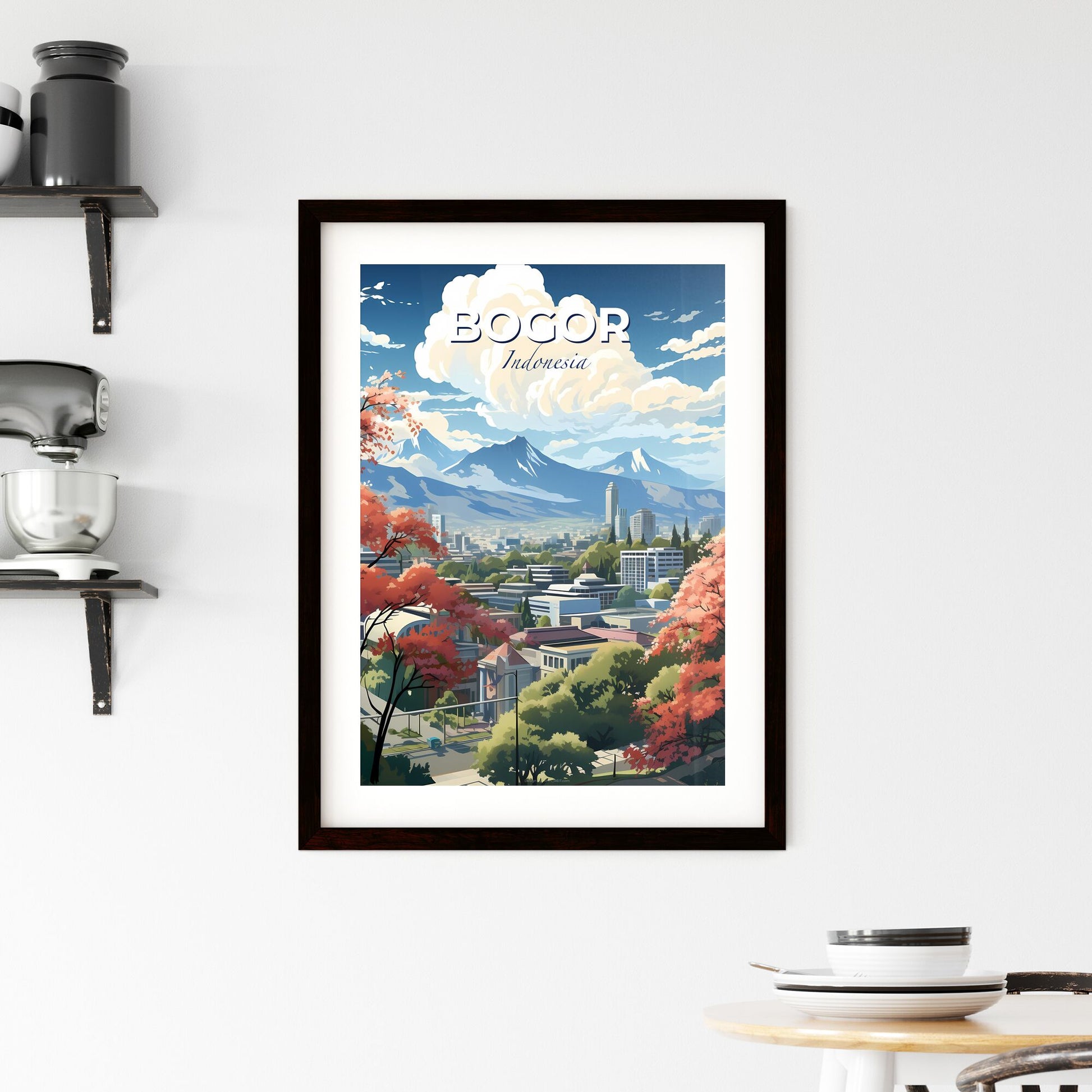 Vibrant Cityscape Artwork Depicting Bogor Skyline, Indonesia with Mountains and Trees Default Title