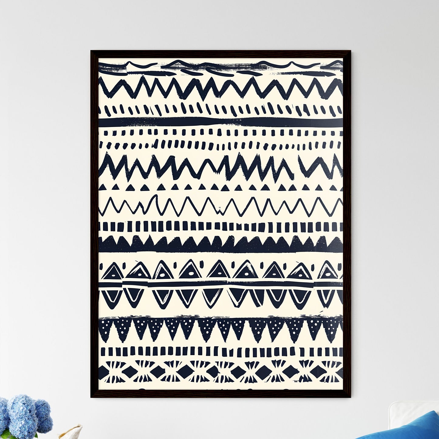 Striking Boho Black White Ethnic Triangle Zi - Framed Art Print