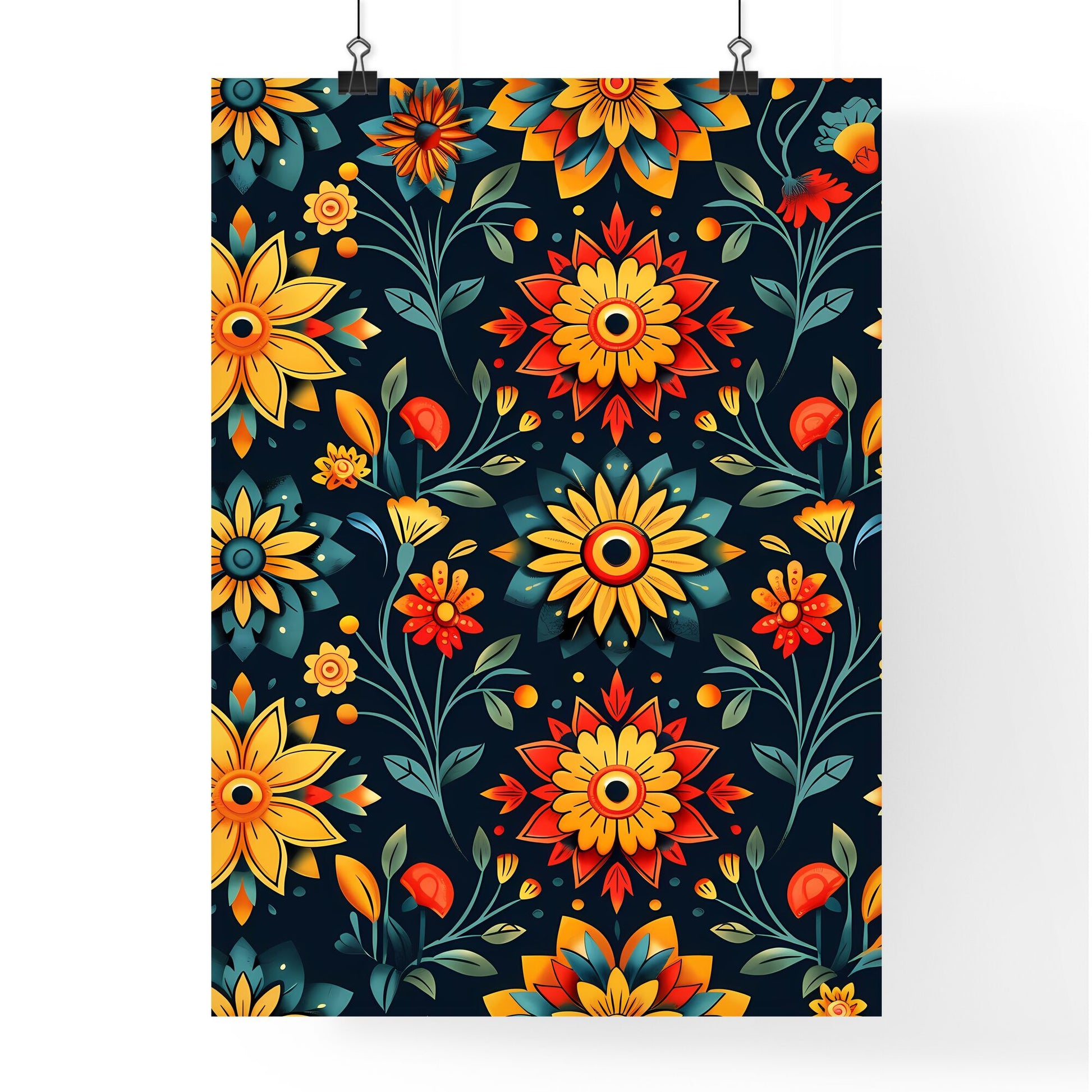 Boho Seamless Pattern: Vibrant Floral Painting with Dark Background, Artistic, Wall Art, Home Decor, Textile, Fabric Design Default Title