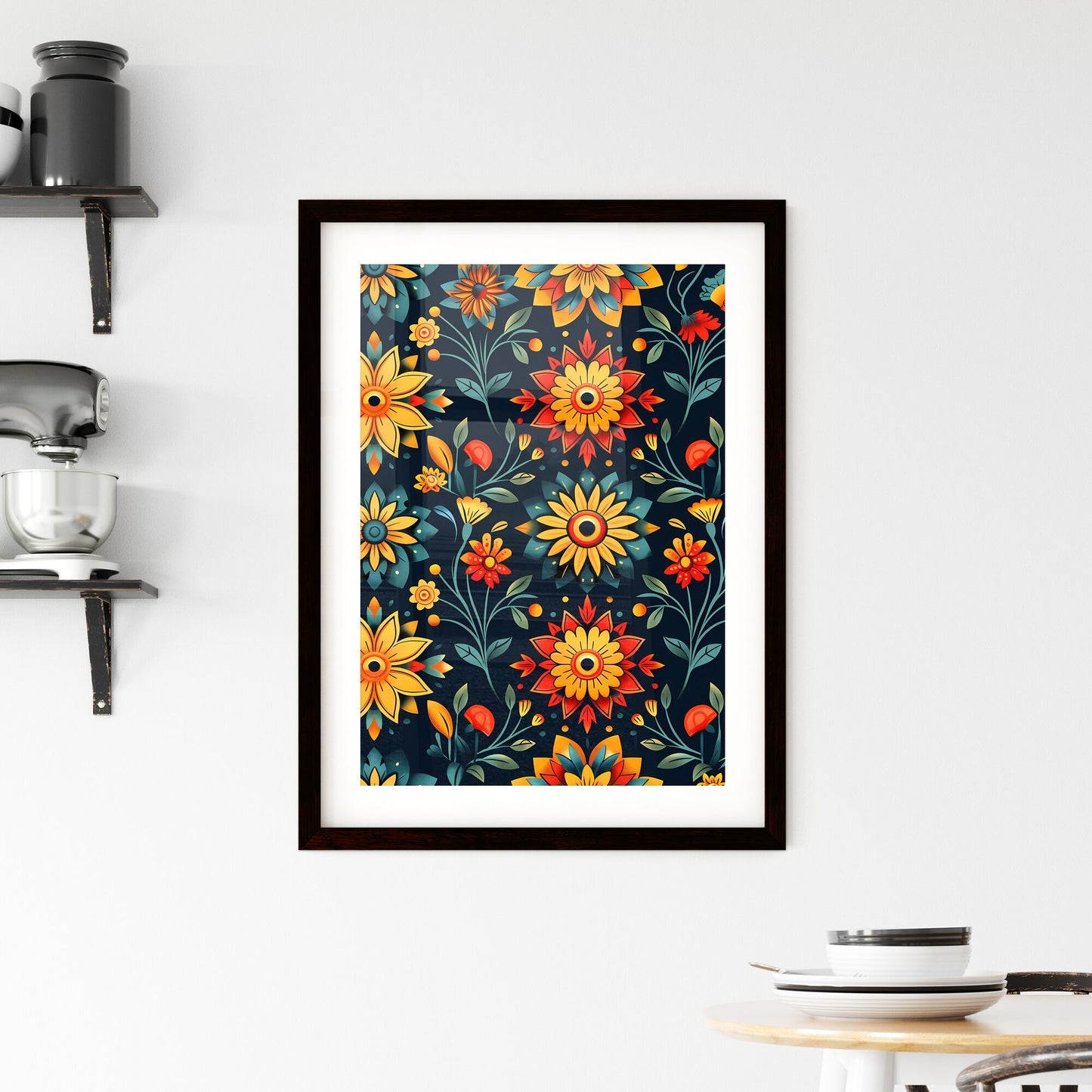 Boho Seamless Pattern: Vibrant Floral Painting with Dark Background, Artistic, Wall Art, Home Decor, Textile, Fabric Design Default Title