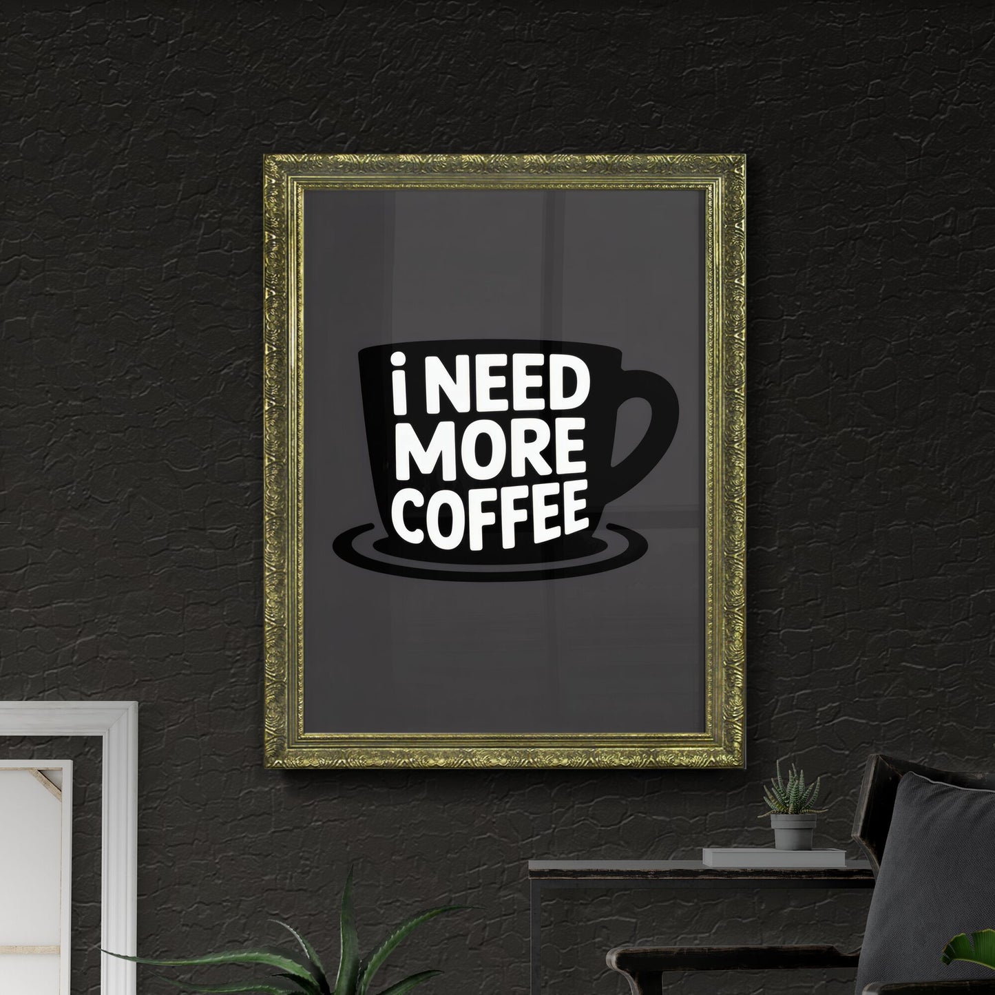 Bold Coffee Mug Design Featuring The Phrase 'I Need More Coffee' on Dark Background.