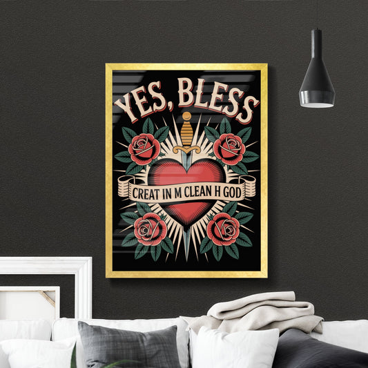 Bold Floral Heart Tattoo Design with Sword and Inspirational Text on Black Background