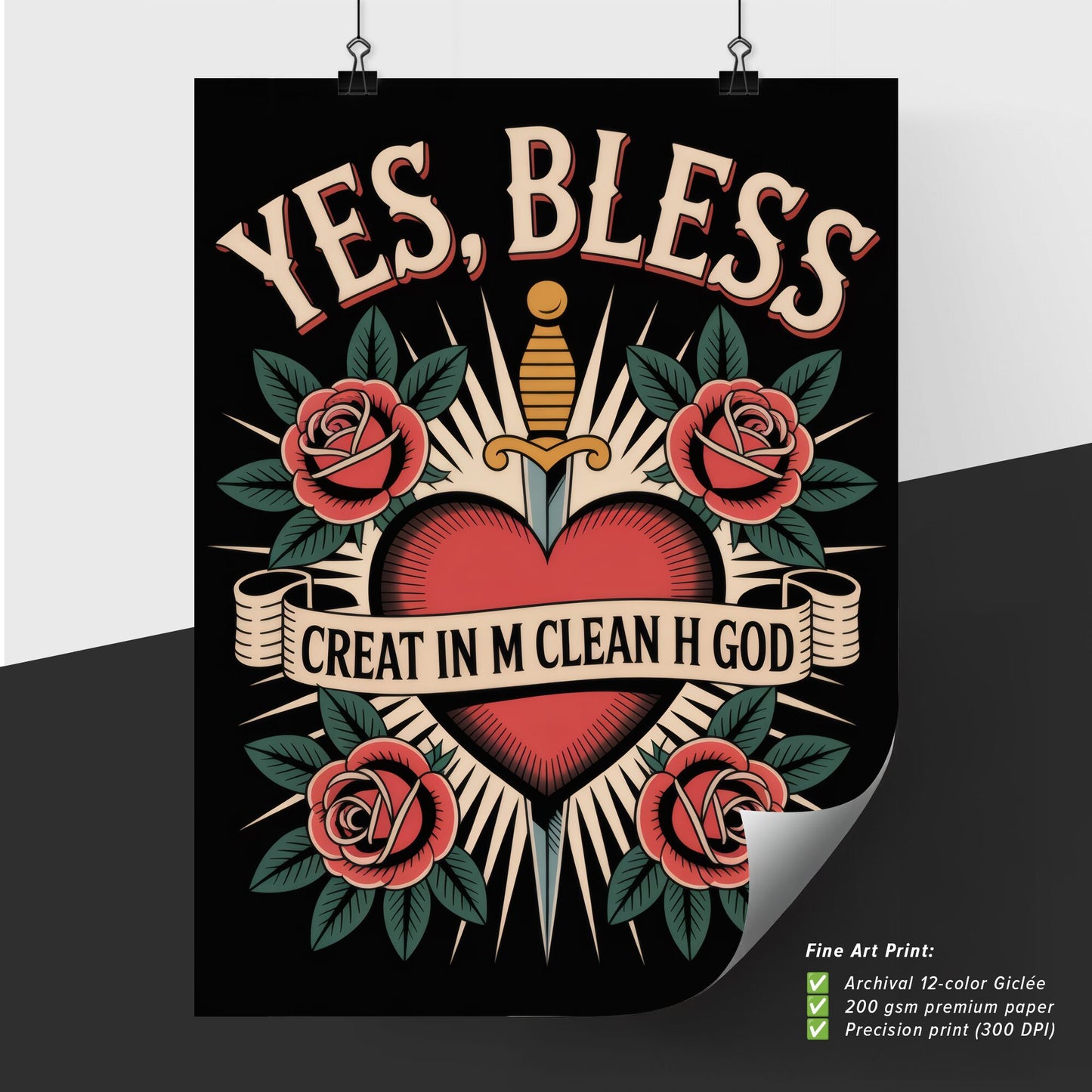 Bold Floral Heart Tattoo Design with Sword and Inspirational Text on Black Background