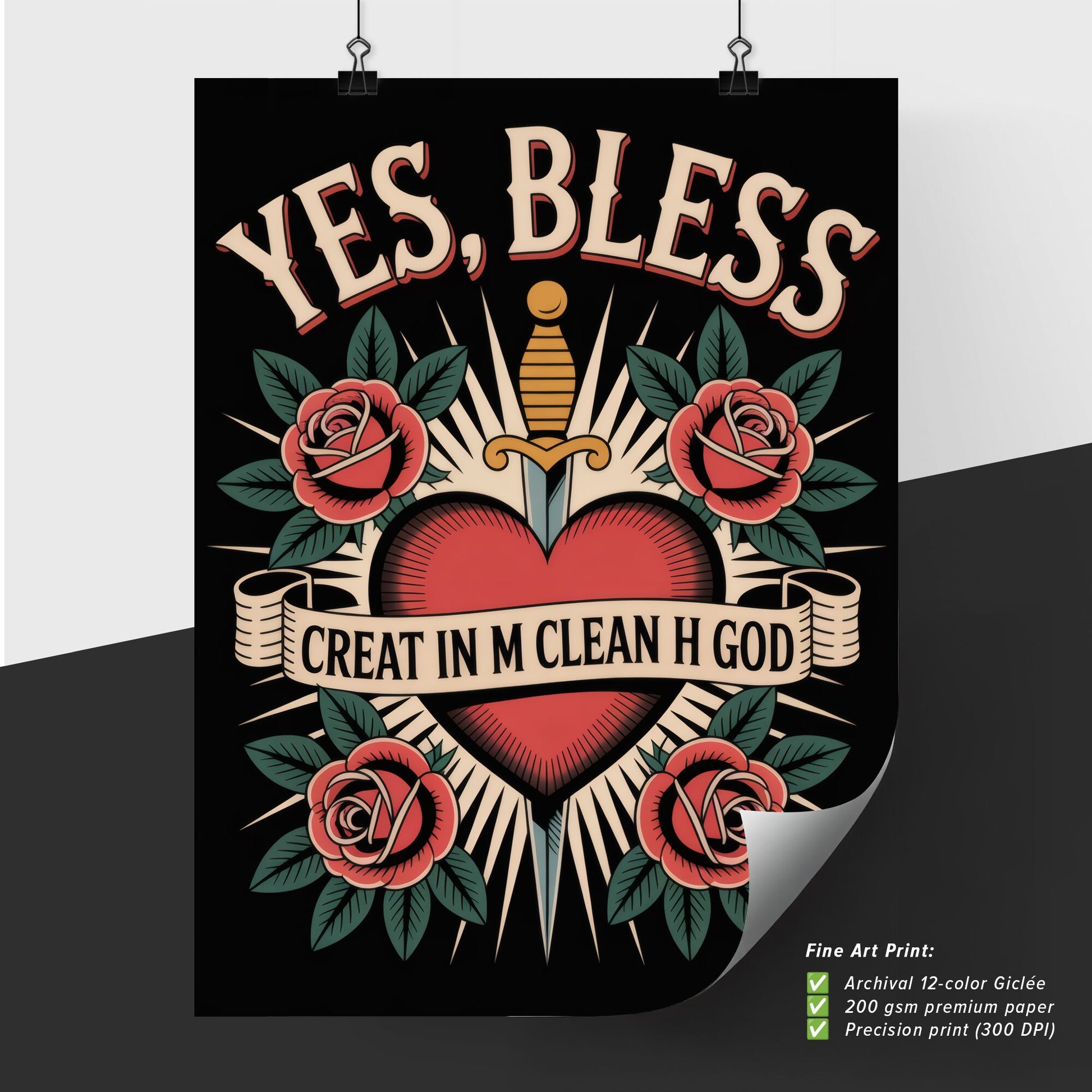 Bold Floral Heart Tattoo Design with Sword and Inspirational Text on Black Background