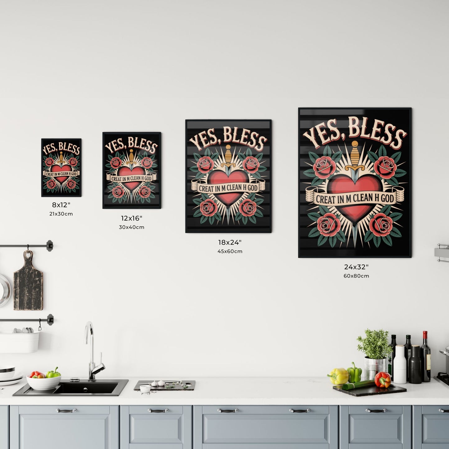 Bold Floral Heart Tattoo Design with Sword and Inspirational Text on Black Background Chart