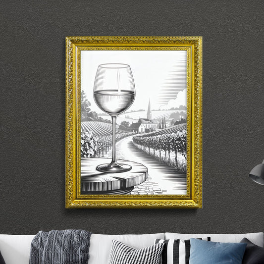 Elegant Wine Glass Overlooking Scenic Vineyard Landscape in Artistic Black and White Illustration.