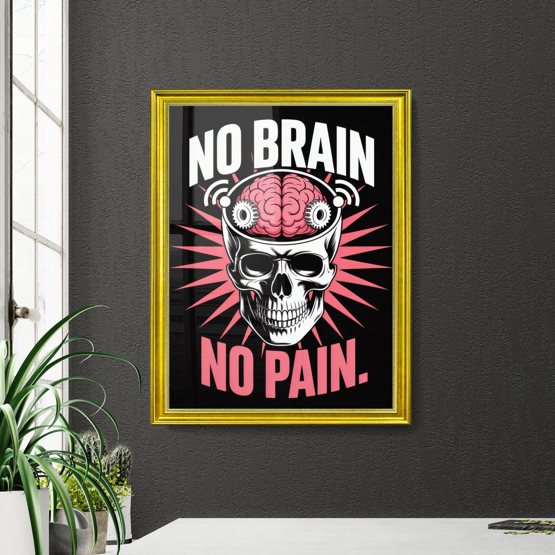 Bold Graphic Design Featuring Skull and Brain with the Phrase 'No Brain, No Pain' on Black Background.