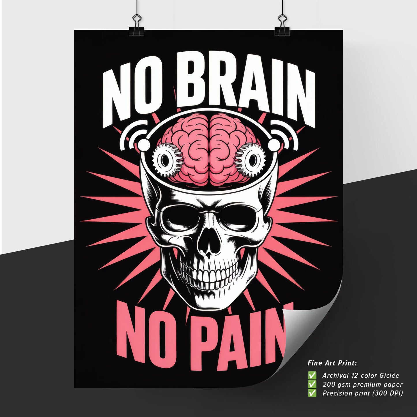 Bold Graphic Design Featuring Skull and Brain with the Phrase 'No Brain, No Pain' on Black Background.