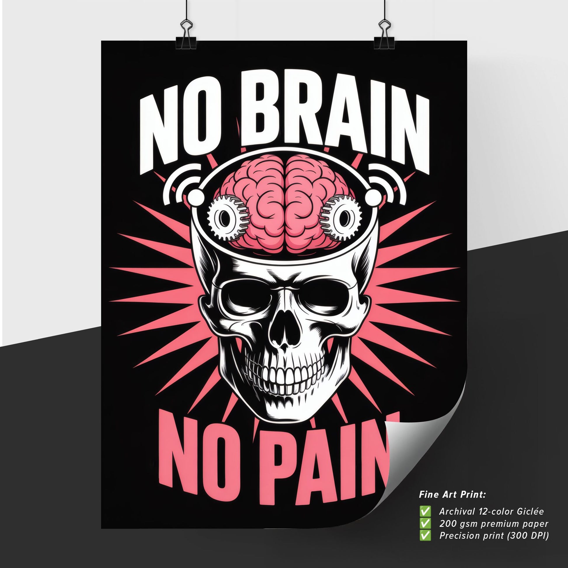 Bold Graphic Design Featuring Skull and Brain with the Phrase 'No Brain, No Pain' on Black Background.