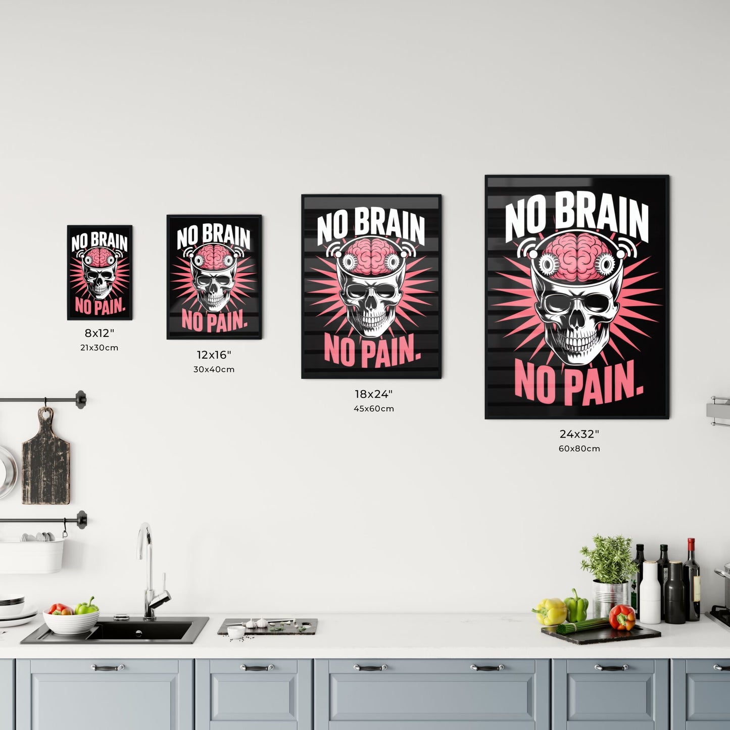 Bold Graphic Design Featuring Skull and Brain with the Phrase 'No Brain, No Pain' on Black Background. Chart