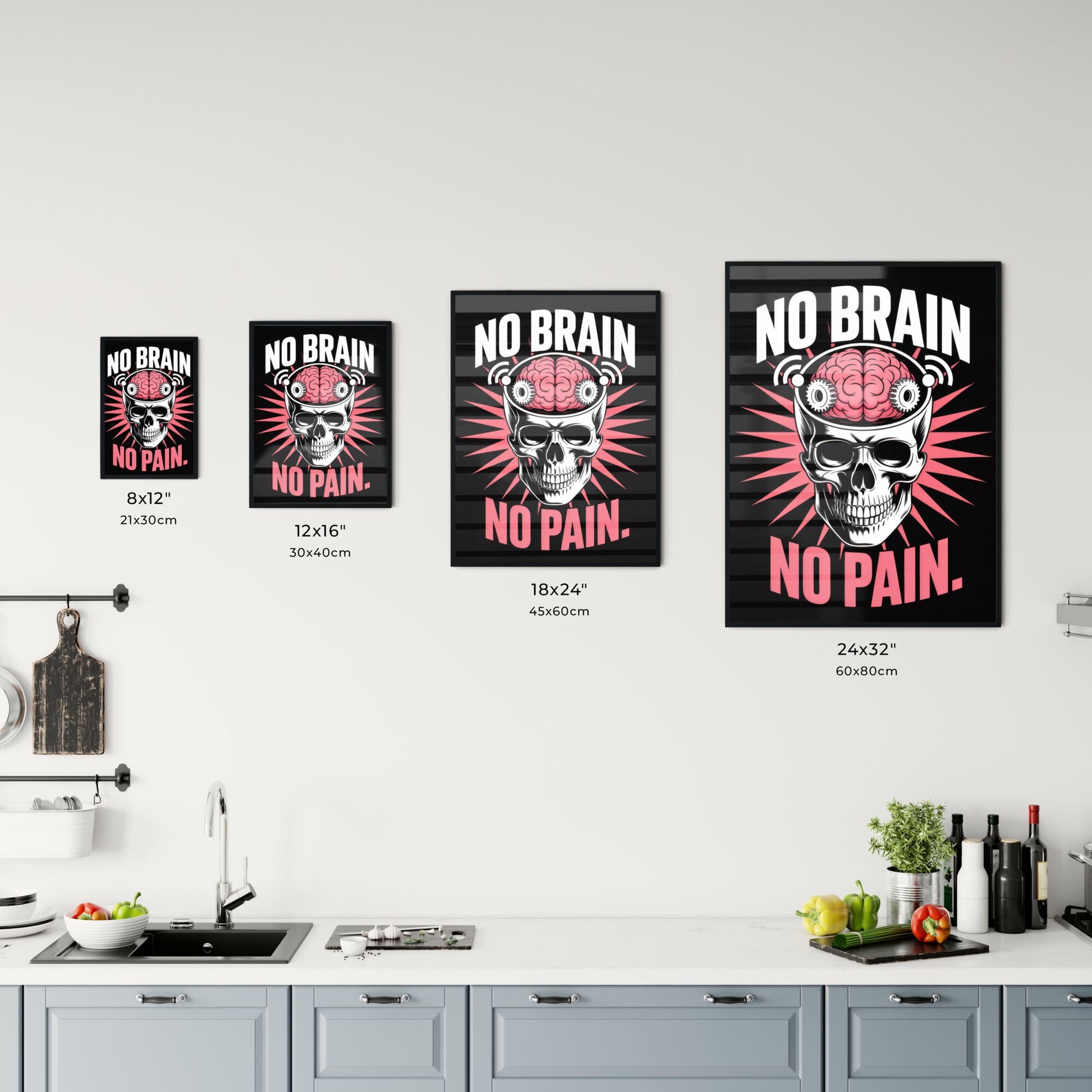 Bold Graphic Design Featuring Skull and Brain with the Phrase 'No Brain, No Pain' on Black Background. Chart