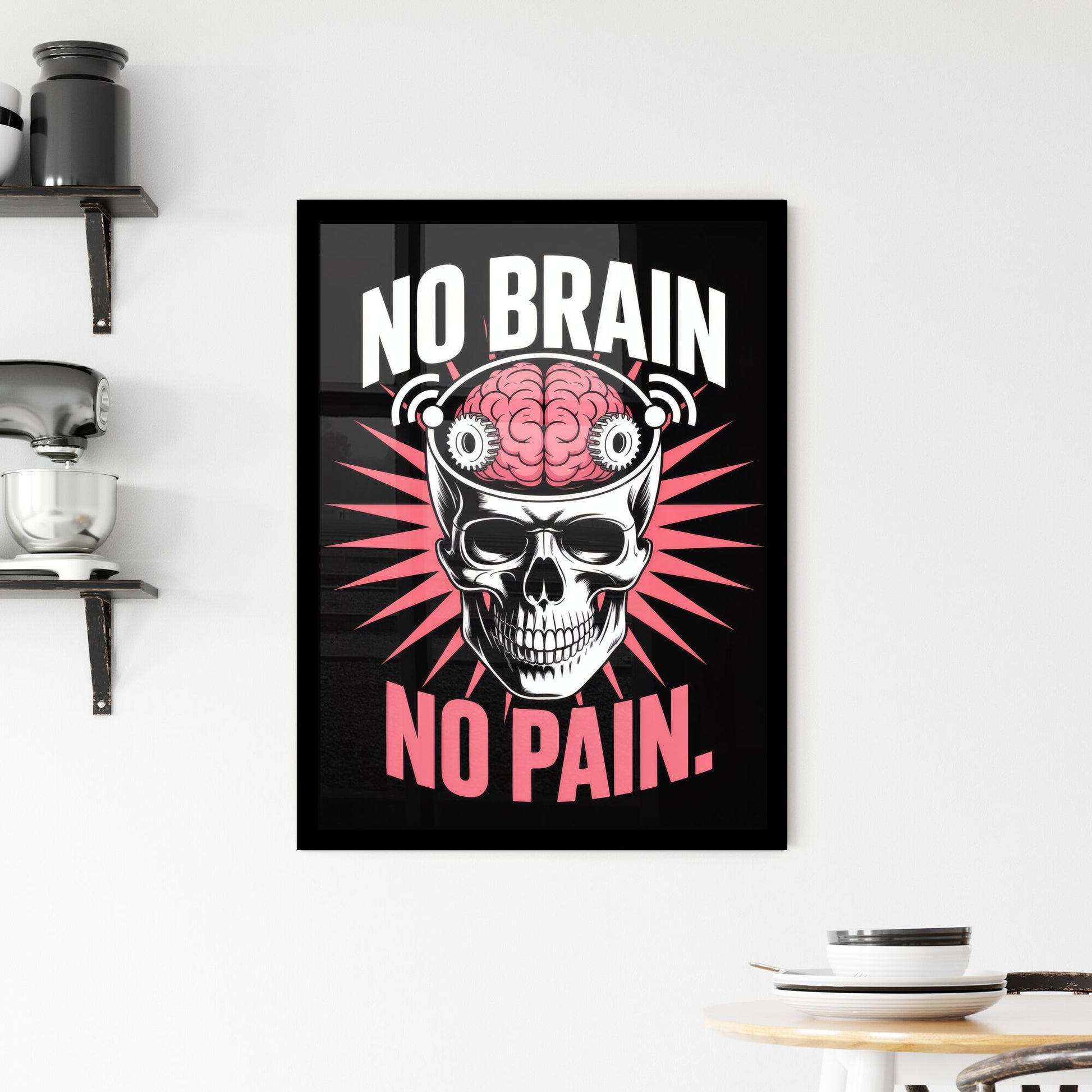 Bold Graphic Design Featuring Skull and Brain with the Phrase 'No Brain, No Pain' on Black Background. Framed Print