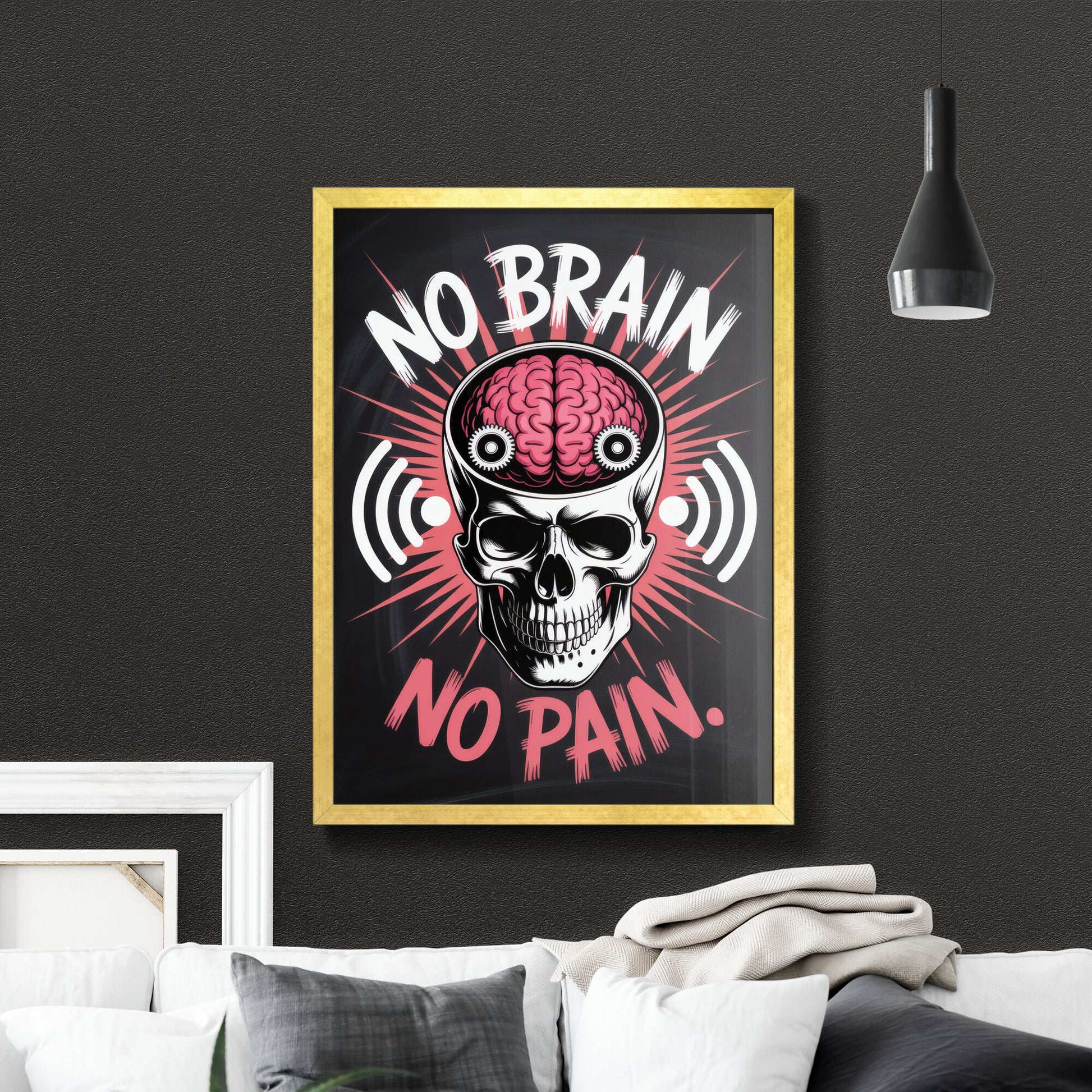 Bold Graphic Design Featuring Skull and Brain with Motivational Phrase 'No Brain, No Pain'