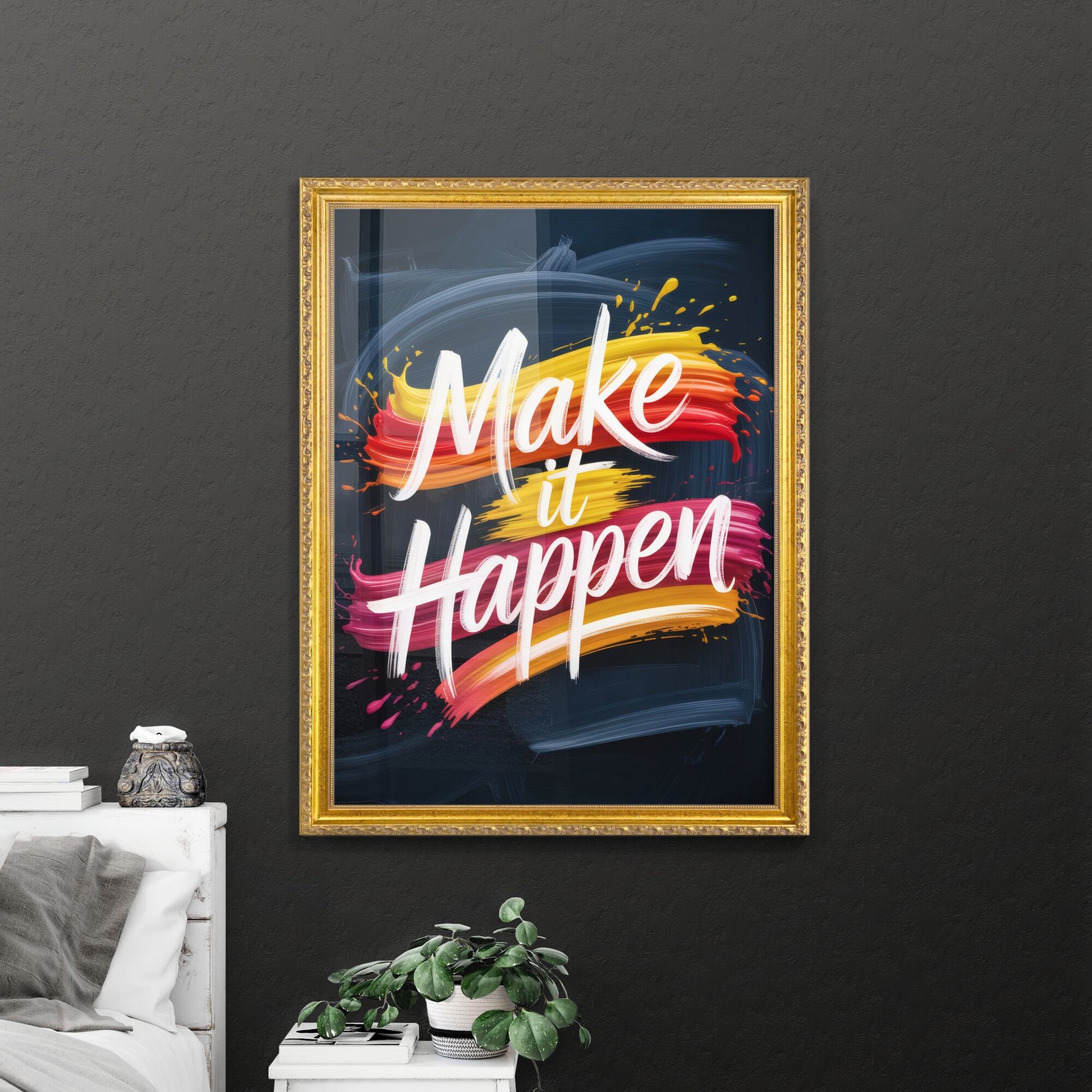 Bold and Inspiring Motivational Quote with Colorful Brush Strokes on a Dark Background.