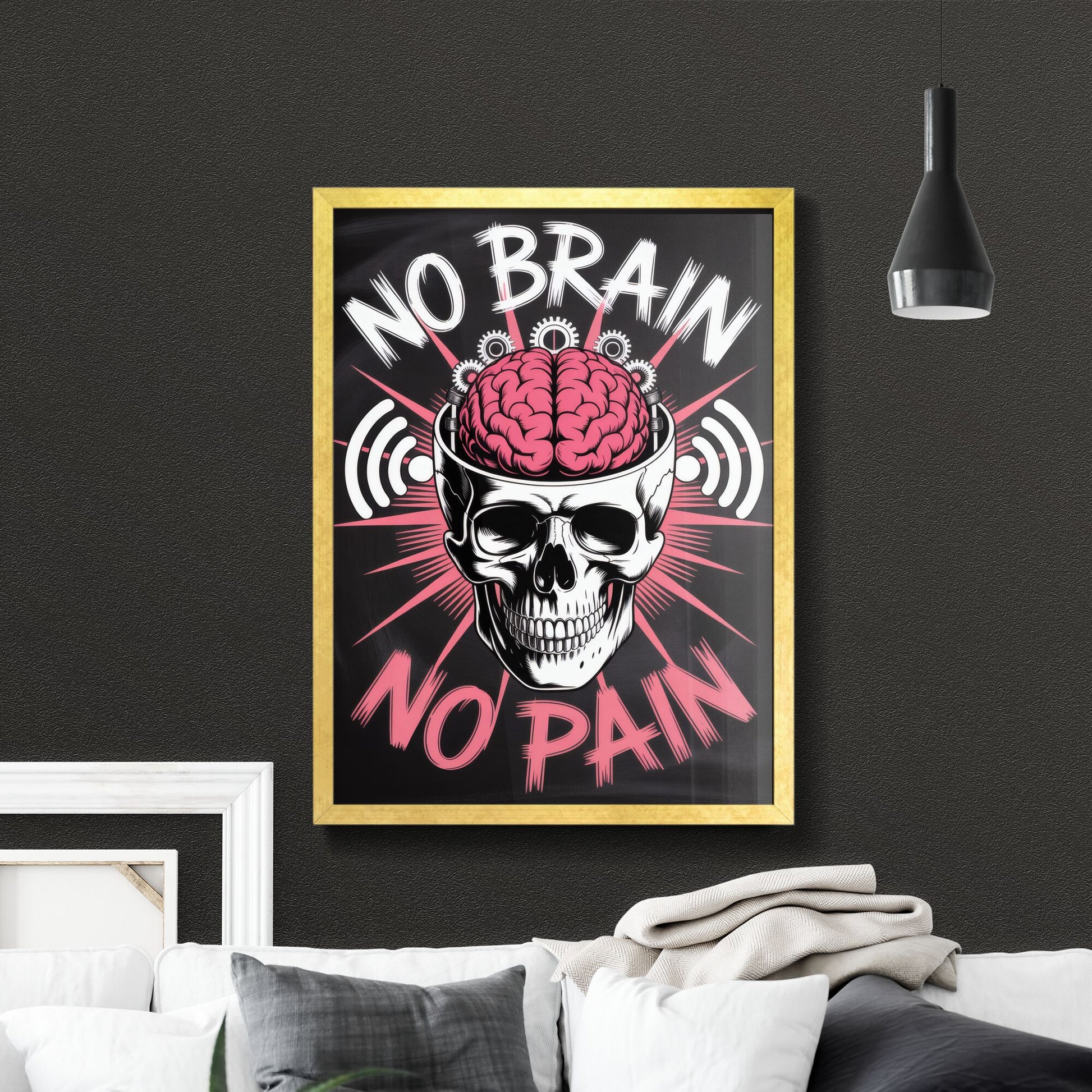 Bold Artistic Illustration Featuring Skull and Brain with Motivational Quote: ‘No Brain, No Pain’ Design.