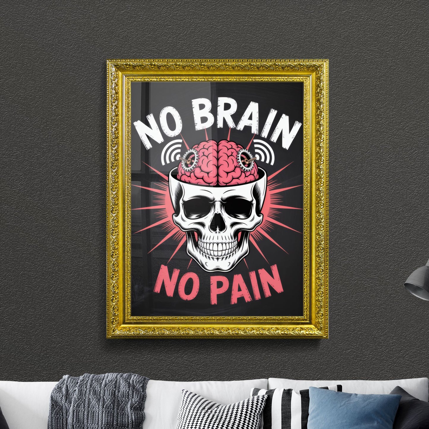 Bold Skull Design with Quirky Brain Theme: Emphasizing the Concept of 'No Brain, No Pain' in Vibrant Colors.