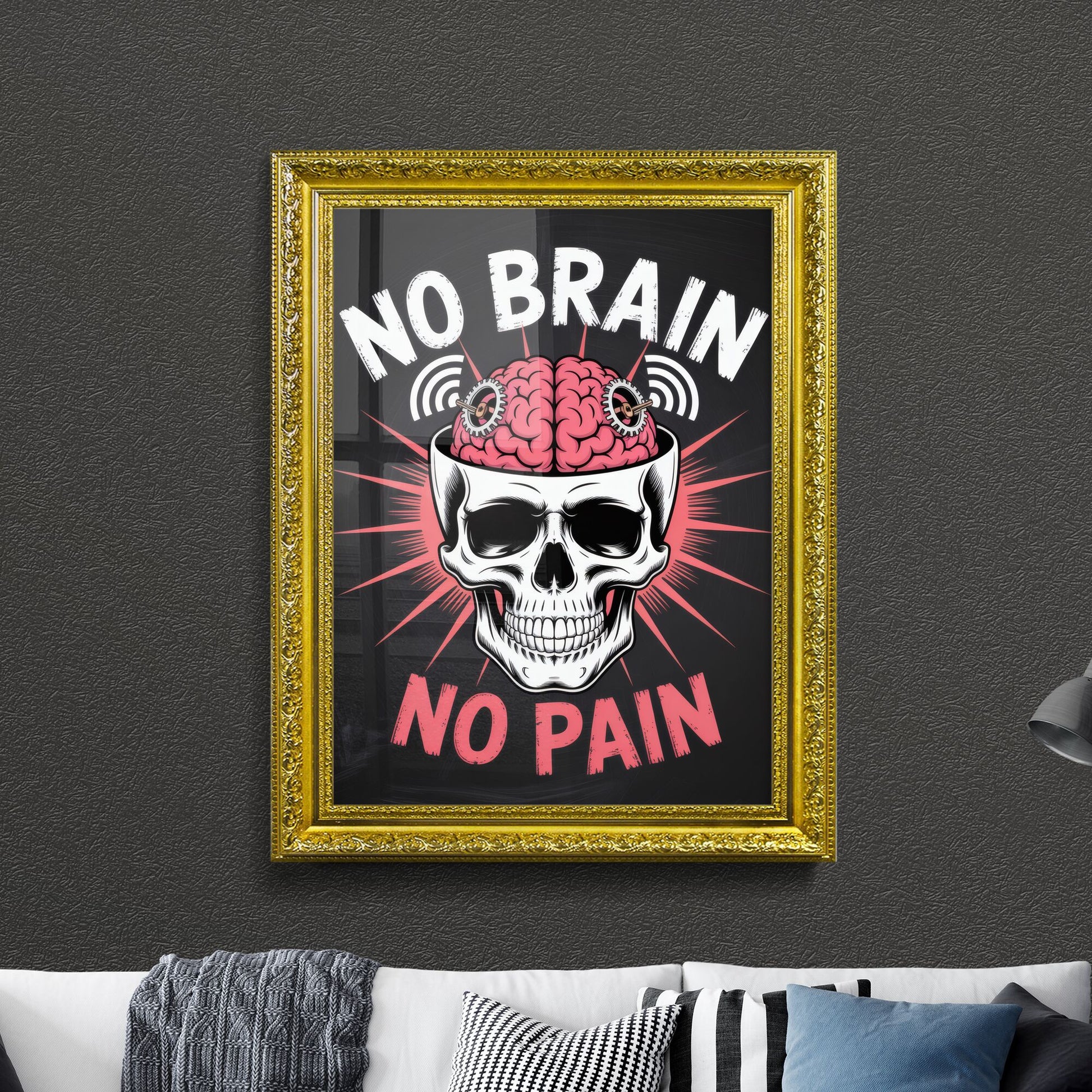 Bold Skull Design with Quirky Brain Theme: Emphasizing the Concept of 'No Brain, No Pain' in Vibrant Colors.